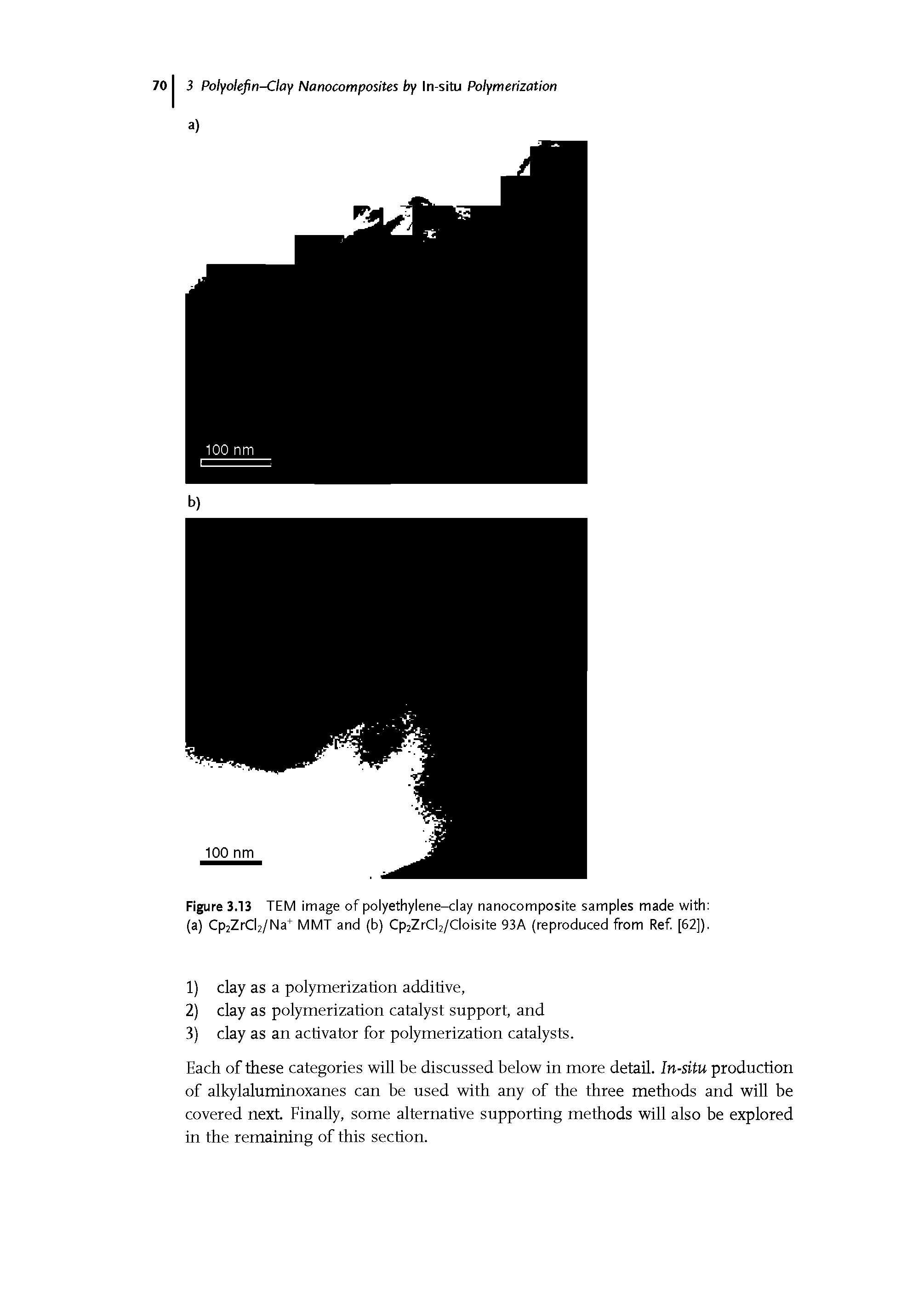 Figure 3.13 TEM image of polyethylene-clay nanocomposite samples made with (a) Cp2ZrCl2/Na+ MMT and (b) Cp2ZrCl2/Cloisite 93A (reproduced from Ref [62]).