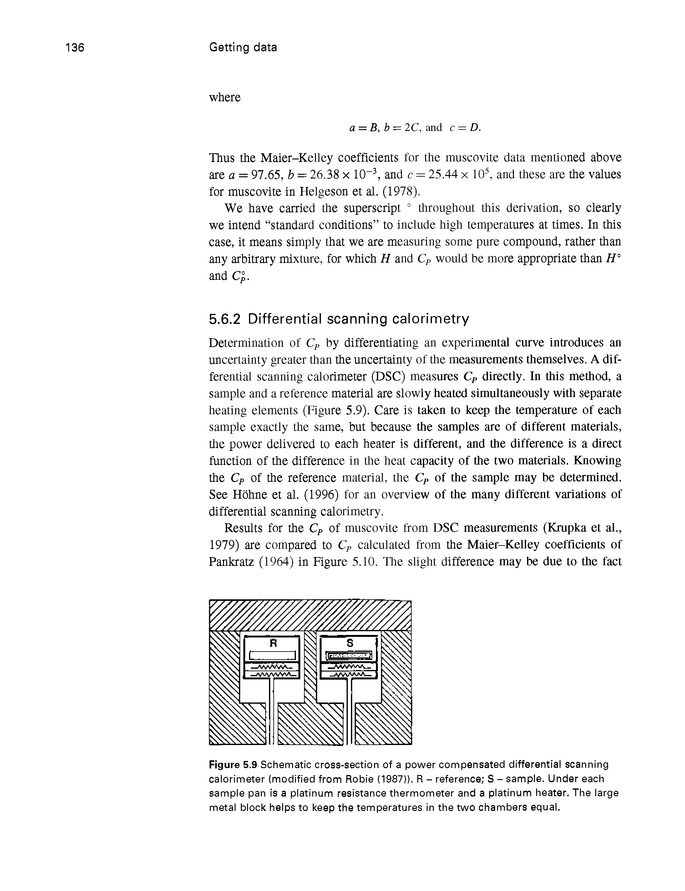 Figure 5.9 Schematic cross-section of a power compensated differential scanning calorimeter (modified from Robie (1987)). R - reference S - sample. Under each sample pan is a platinum resistance thermometer and a platinum heater. The large metal block helps to keep the temperatures in the two chambers equal.