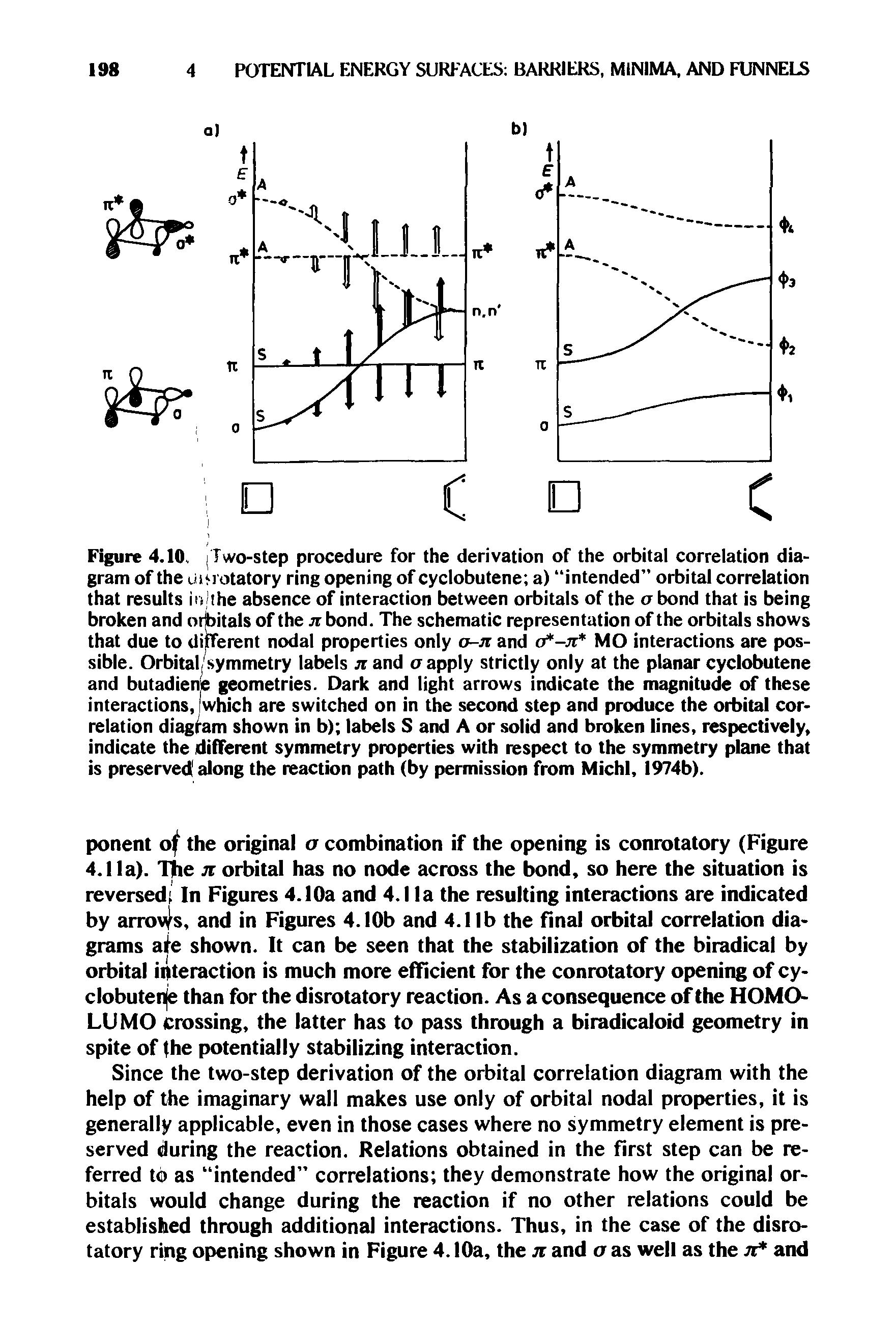 Figure 4.10. Two-step procedure for the derivation of the orbital correlation diagram of the iii<] otatory ring opening of cyclobutene a) intended orbital correlation that results ii>lthe absence of interaction between orbitals of the a bond that is being broken and orfcitals of the ji bond. The schematic representation of the orbitals shows that due to different nodal properties only o-Ji and MO interactions are pos-...