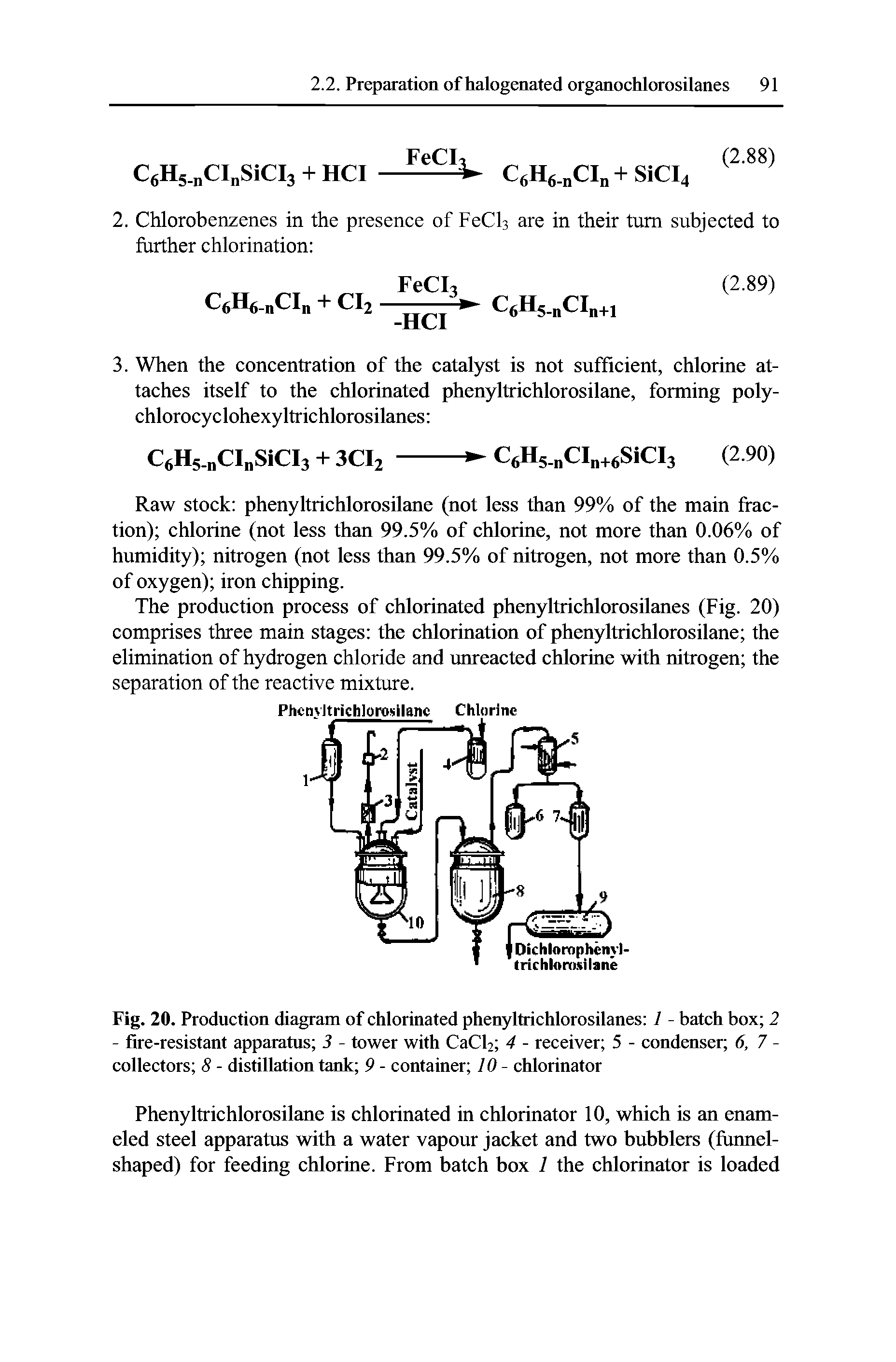 Fig. 20. Production diagram of chlorinated phenyltrichlorosilanes 1 - batch box 2 - fire-resistant apparatus 3 - tower with CaCl2 4 - receiver 5 - condenser 6,1-collectors 8 - distillation tank 9 - container 10- chlorinator...