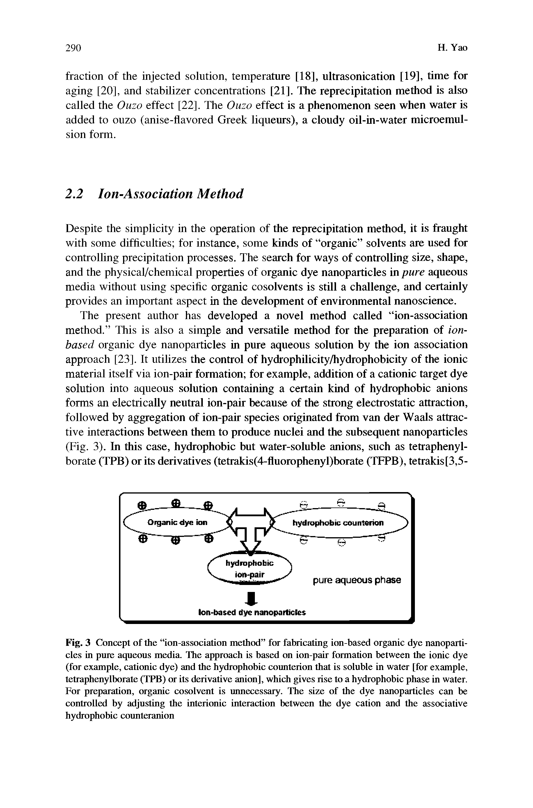 Fig. 3 Concept of the ion-association method for fabricating ion-based organic dye nanoparticles in pure aqueous media. The approach is based on ion-pair formation between the ionic dye (for example, cationic dye) and the hydrophobic counterion that is soluble in water [for example, tetraphenylborate (TPB) or its derivative anion], which gives rise to a hydrophobic phase in water. For preparation, organic cosolvent is unnecessary. The size of the dye nanoparticles can be controlled by adjusting the interionic interaction between the dye cation and the associative hydrophobic counteranion...