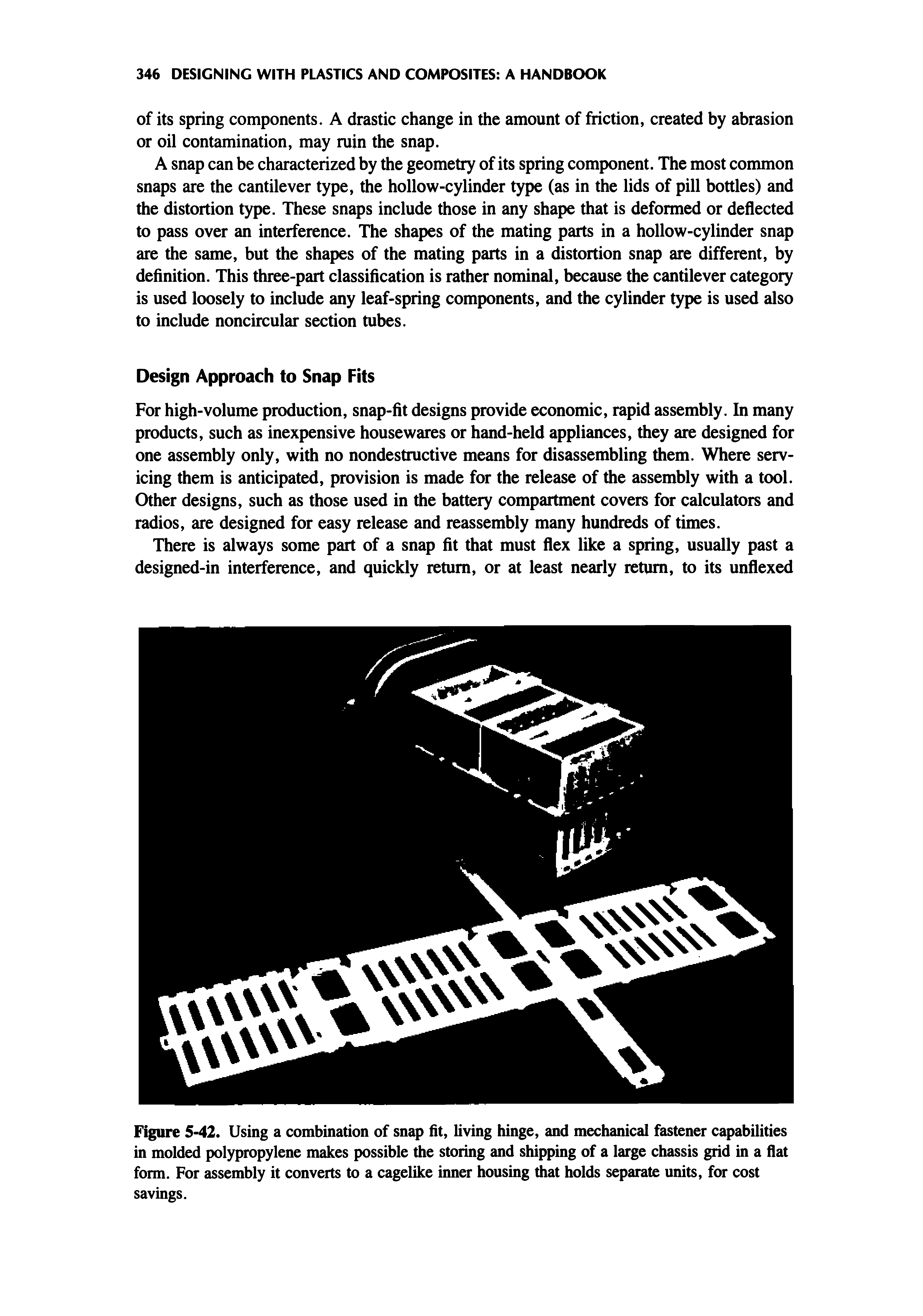 Figure 5-42. Using a combination of snap fit, living hinge, and mechanical fastener capabilities in molded polypropylene makes possible the storing and shipping of a large chassis grid in a flat form. For assembly it converts to a cagelike inner housing fiiat holds separate units, for cost savings.