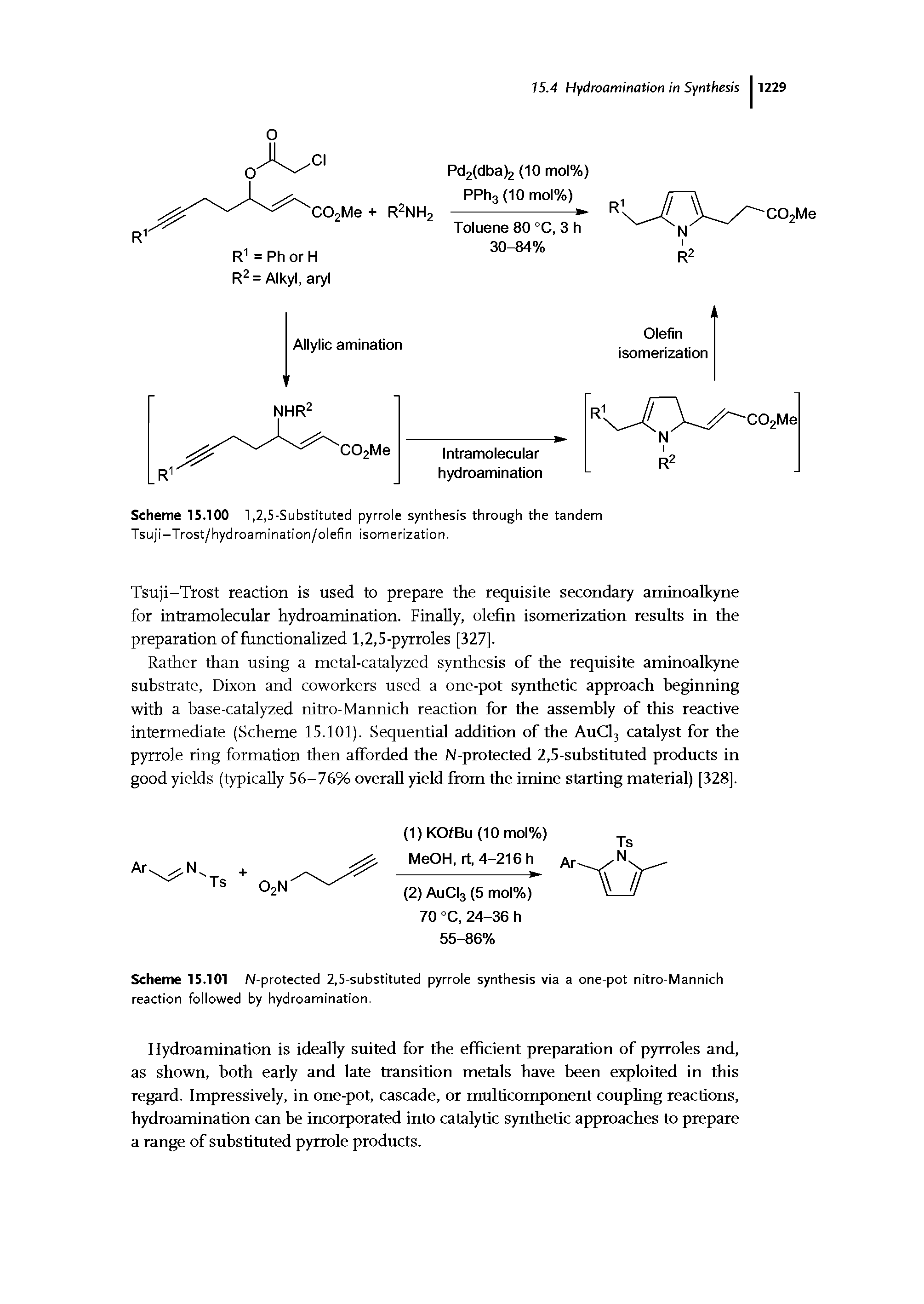 Scheme 15.101 A/.protected 2,5-substituted pyrrole synthesis via a one-pot nitro-Mannich reaction followed by hydroamination.