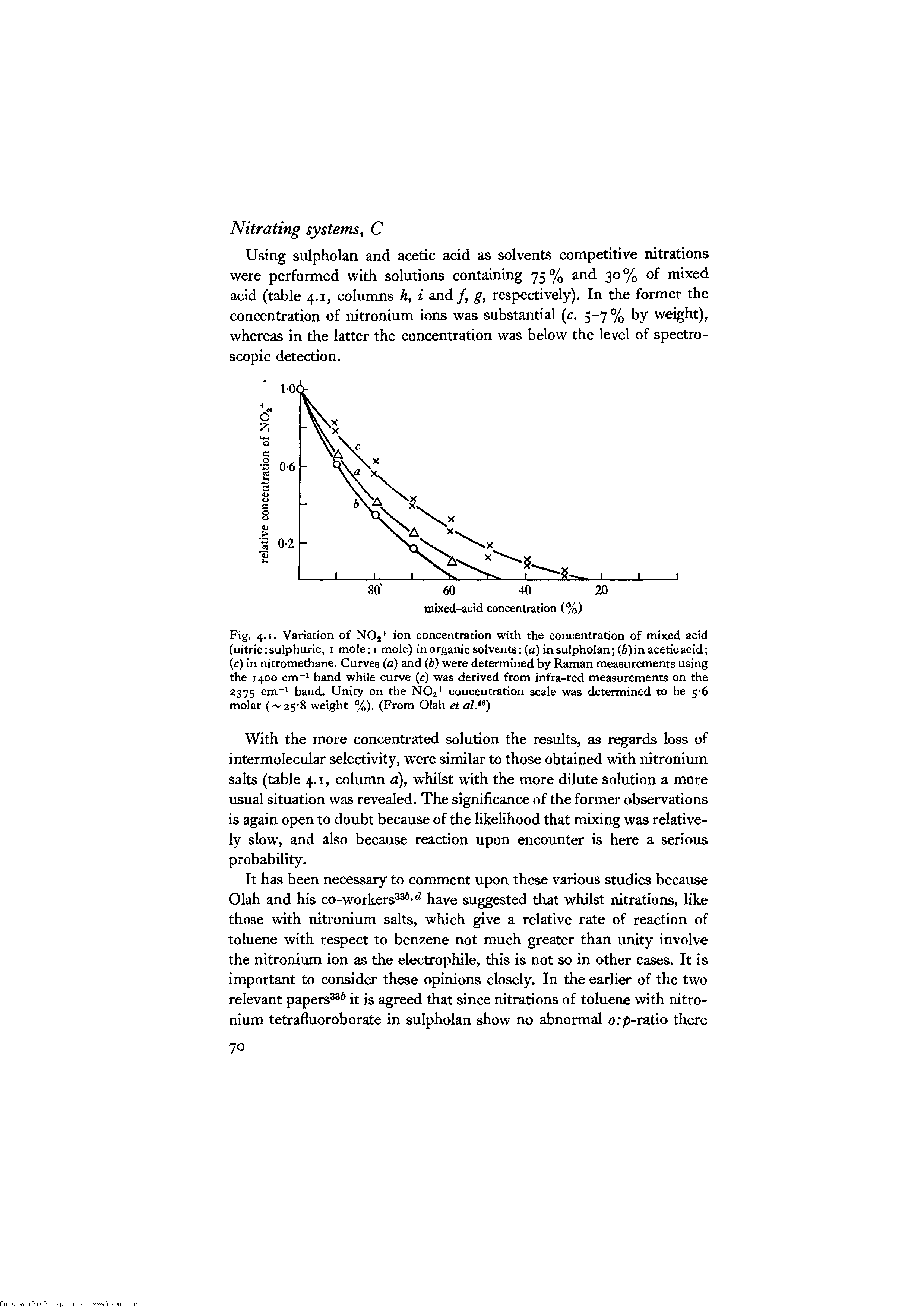 Fig. 4.1. Variation of NO2+ ion concentration with the concentration of mixed acid (nitric sulphuric, i mole i mole) inorganic solvents (a) in sulpholan (6)in aceticacid (c) in nitromethane. Curves (a) and (6) were determined by Raman measurements using the 1400 cm band while curve (c) was derived from infra-red measurements on the 237s cm band. Unity on the NO2+ concentration scale was determined to be 5-6 molar ( 2S 8 weight %). (From Olah et...