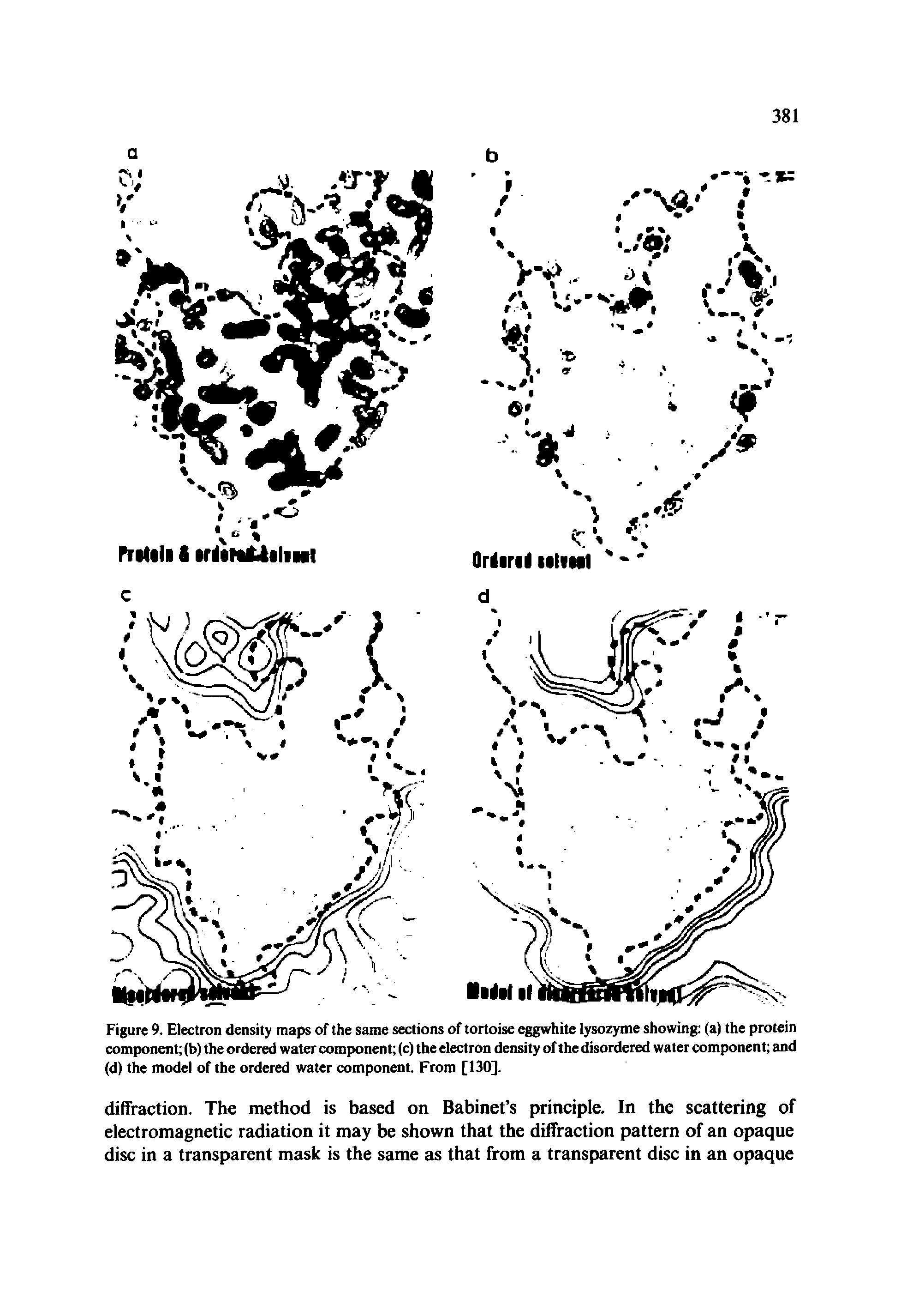 Figure 9. Electron density maps of the same sections of tortoise eggwhite lysozyme showing (a) the protein component (b) the ordered water component (c) the electron density of the disordered water component and (d) the model of the ordered water component. From [130].