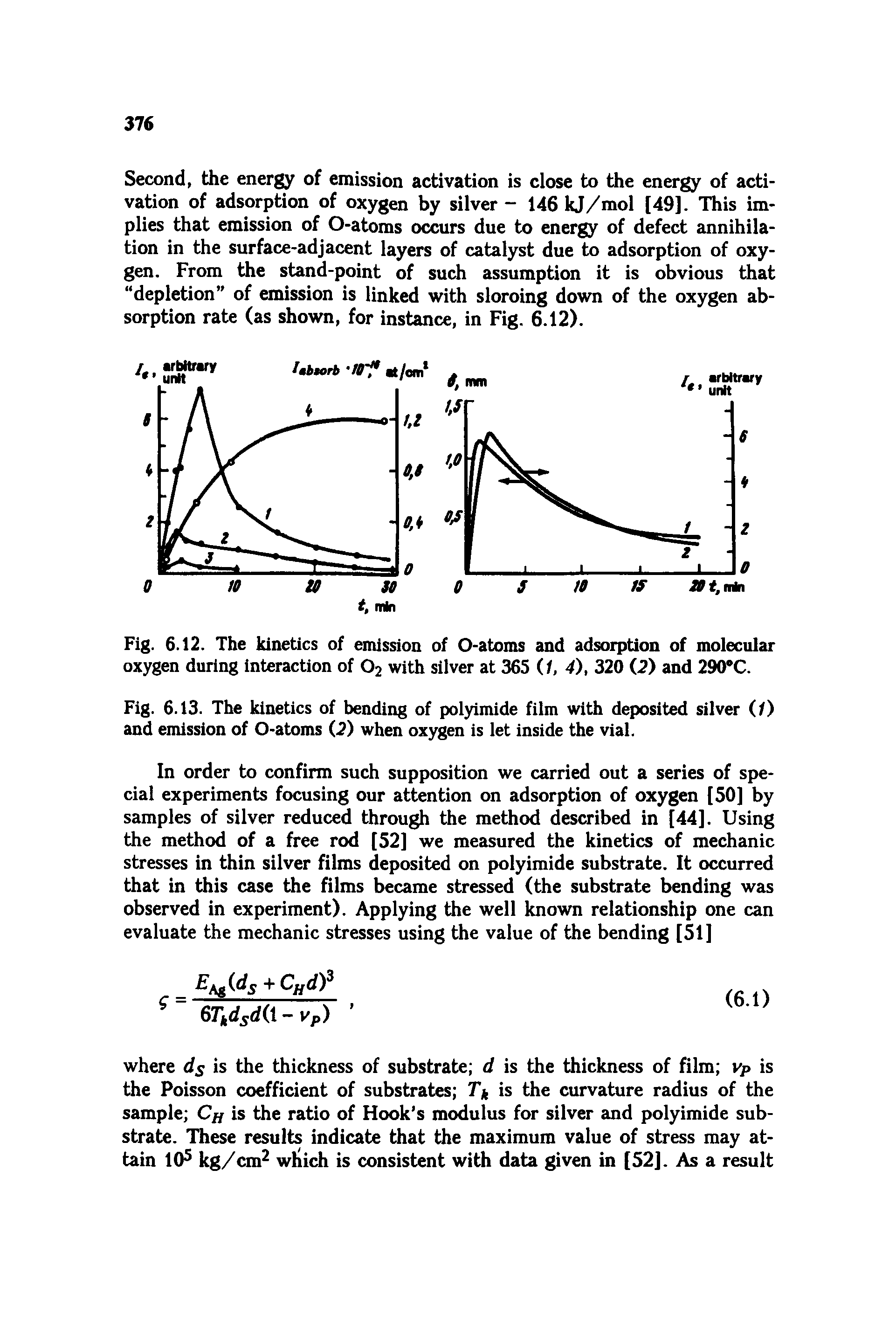 Fig. 6.13. The kinetics of bending of polyimide film with deposited silver (/) and emission of O-atoms (2) when oxygen is let inside the vial.