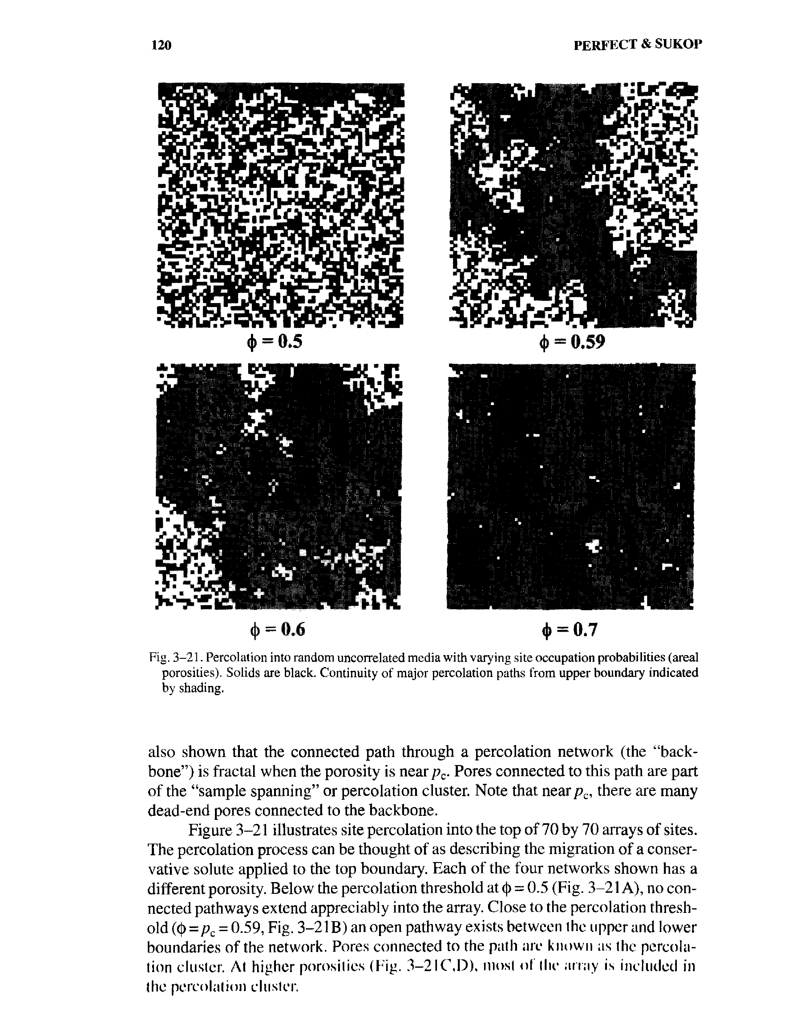 Figure 3-21 illustrates site percolation into the top of 70 by 70 arrays of sites. The percolation process can be thought of as describing the migration of a conservative solute applied to the top boundary. Each of the four networks shown has a different porosity. Below the percolation threshold at ()) = 0.5 (Fig. 3-21 A), no connected pathways extend appreciably into the array. Close to the percolation threshold ((j)=pc = 0.59, Fig. 3-21B)anopen pathway exists between the upper and lower boundaries of the network. Pores connected to the path are known as the percolation cluster. At higher porosities (Fig. 3-21( D), most of the array is included in the percolation cluster.