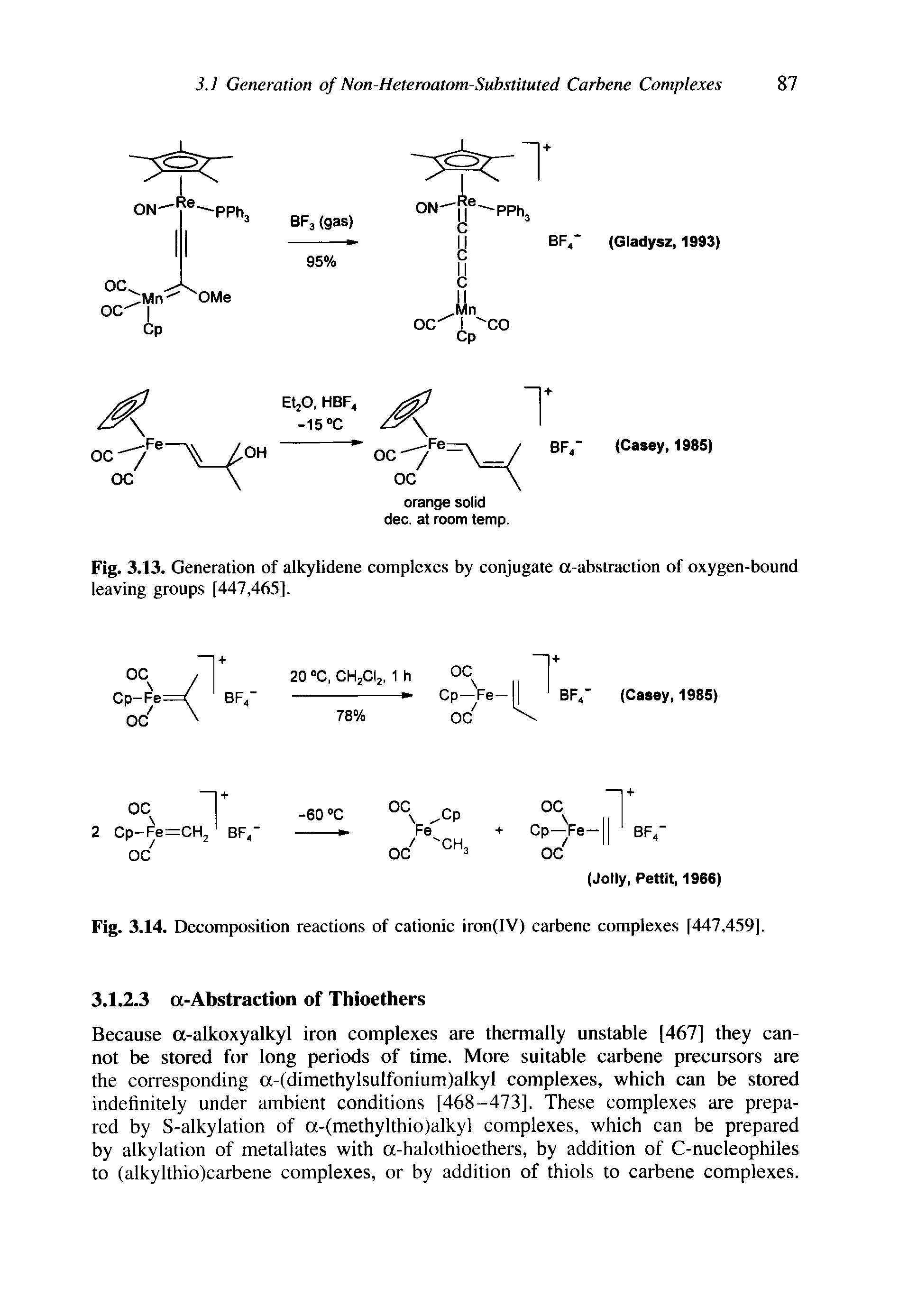 Fig. 3.14. Decomposition reactions of cationic iron(IV) carbene complexes [447,459].