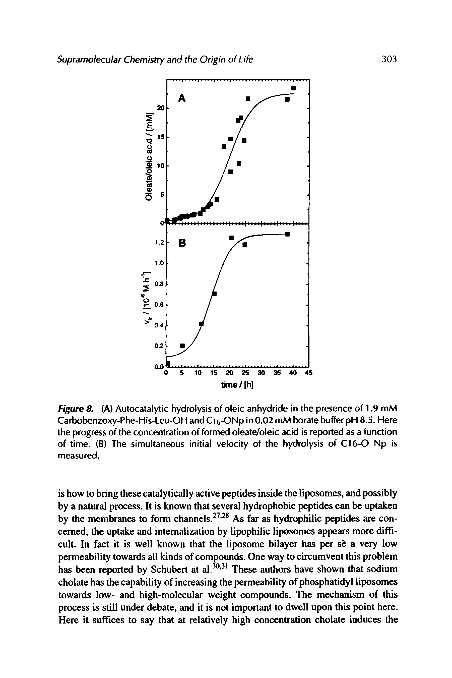 Figure 8. (A) Autocatalytic hydrolysis of oleic anhydride in the presence of 1.9 mM Carbobenzoxy-Phe-His-Leu-OH and Ci e-ONp in 0.02 mM borate buffer pH 8.5. Here the progress of the concentration of formed oleate/oleic acid is reported as a function of time. (B) The simultaneous initial velocity of the hydrolysis of Cl 6-0 Np is measured.