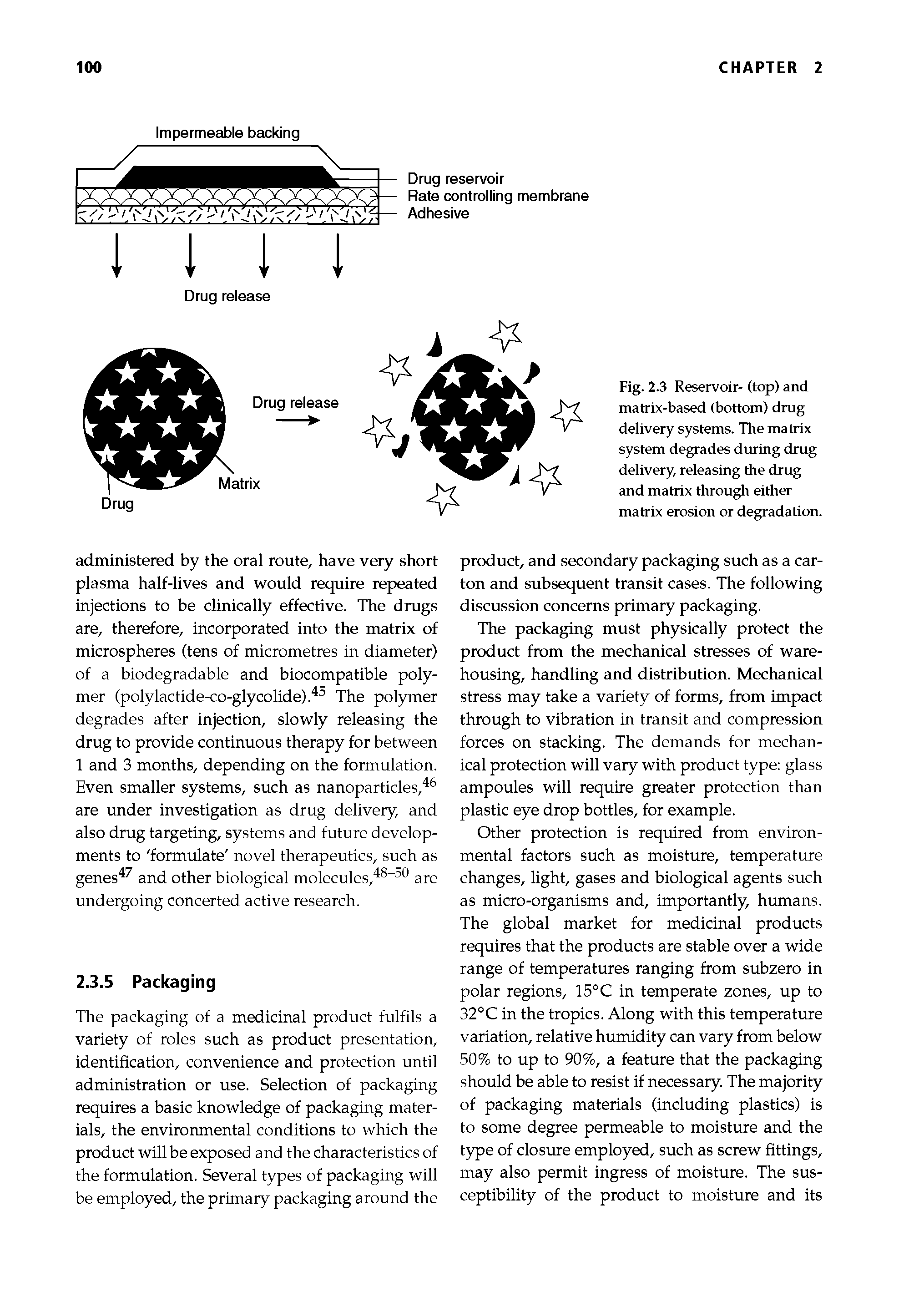 Fig. 2.3 Reservoir- (top) and matrix-based (bottom) drug delivery systems. The matrix system degrades during drug delivery, releasing the drug and matrix through either matrix erosion or degradation.