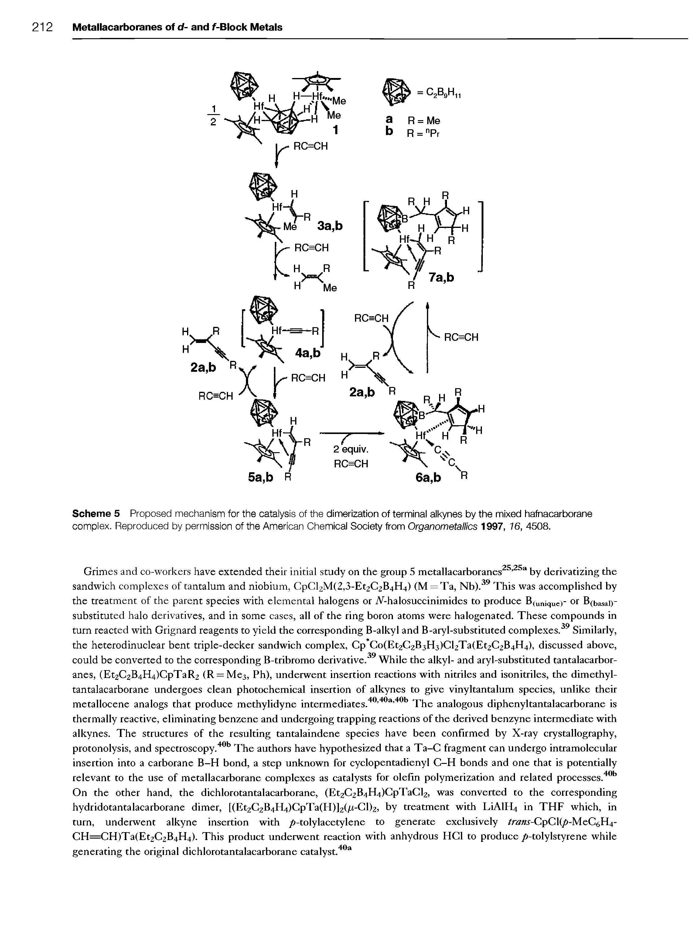 Scheme 5 Proposed mechanism for the catalysis of the dimerization of terminal alkynes by the mixed hafnacarborane complex. Reproduced by permission of the American Chemical Society from Organometallics 1997, 16, 4508.