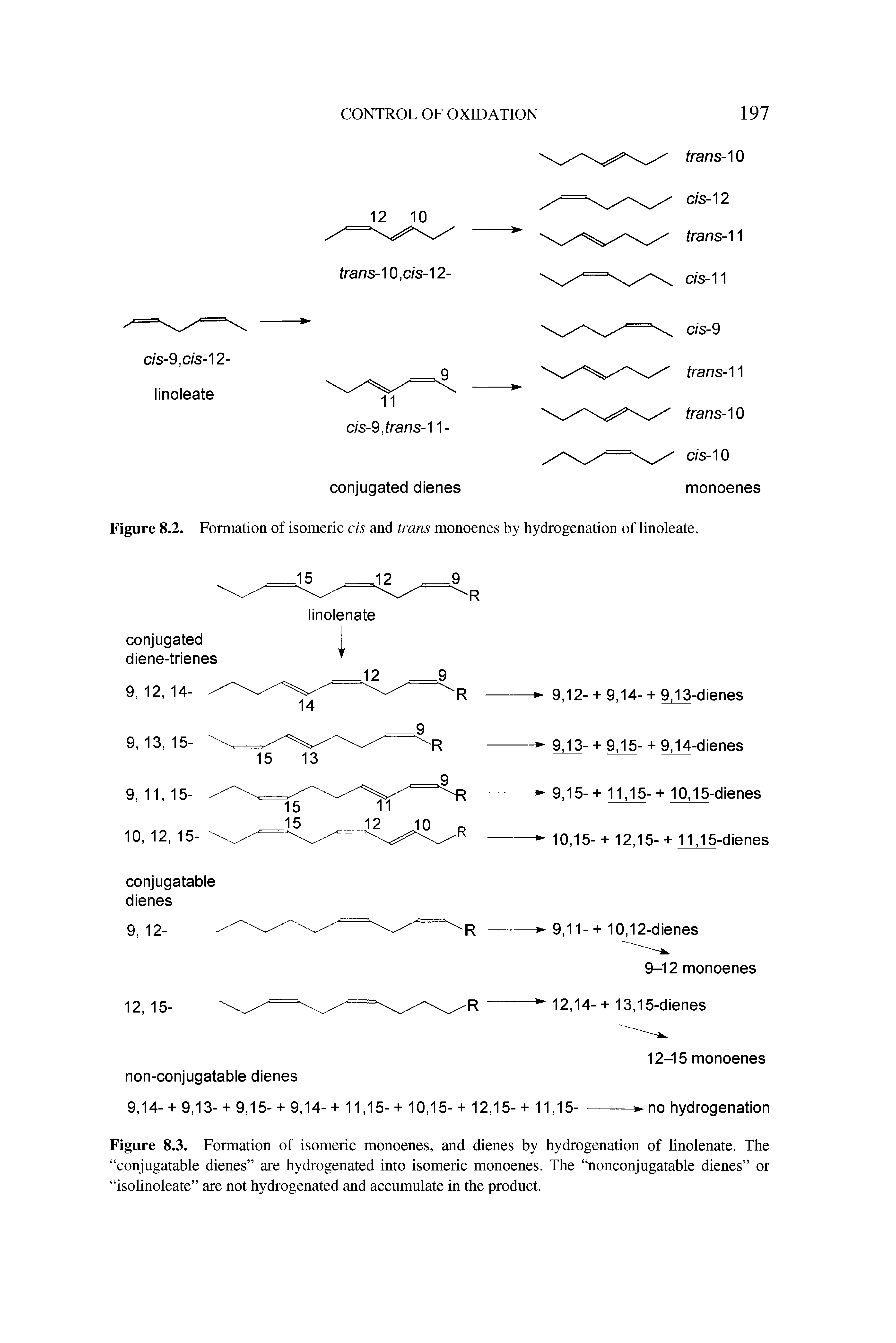 Figure 8.3. Formation of isomeric monoenes, and dienes by hydrogenation of linolenate. The conjugatable dienes are hydrogenated into isomeric monoenes. The nonconjugatable dienes or isolinoleate are not hydrogenated and accumulate in the product.