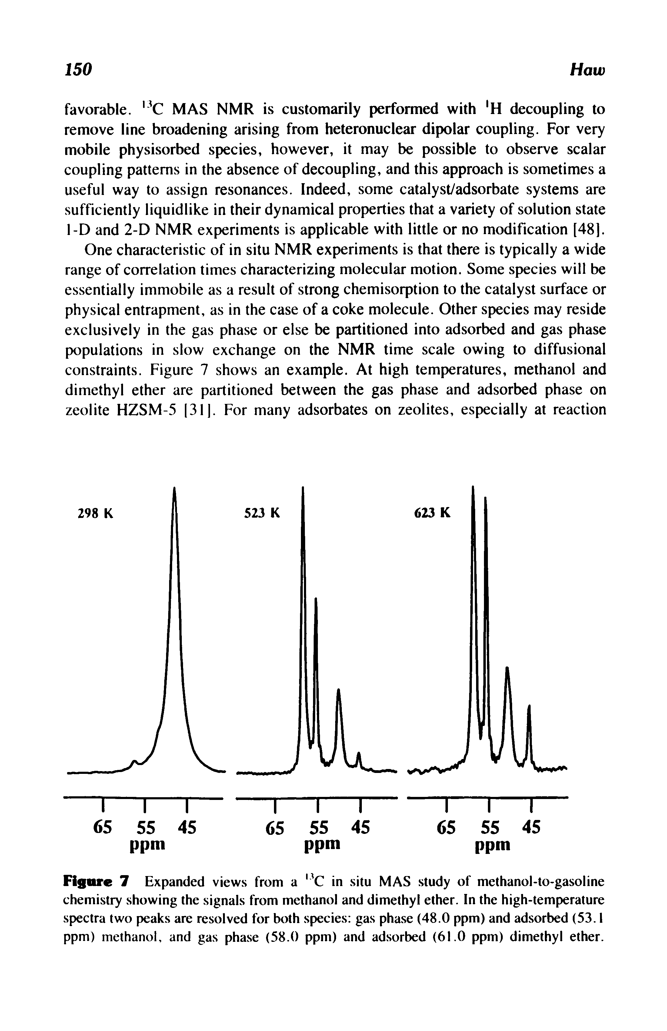 Figure 7 Expanded views from a C in situ MAS study of methanol-to-gasoline chemistry showing the signals from methanol and dimethyl ether. In the high-temperature spectra two peaks are resolved for both species gas phase (48.0 ppm) and adsorbed (53.1 ppm) methanol, and gas phase (58.0 ppm) and adsorbed (61.0 ppm) dimethyl ether.