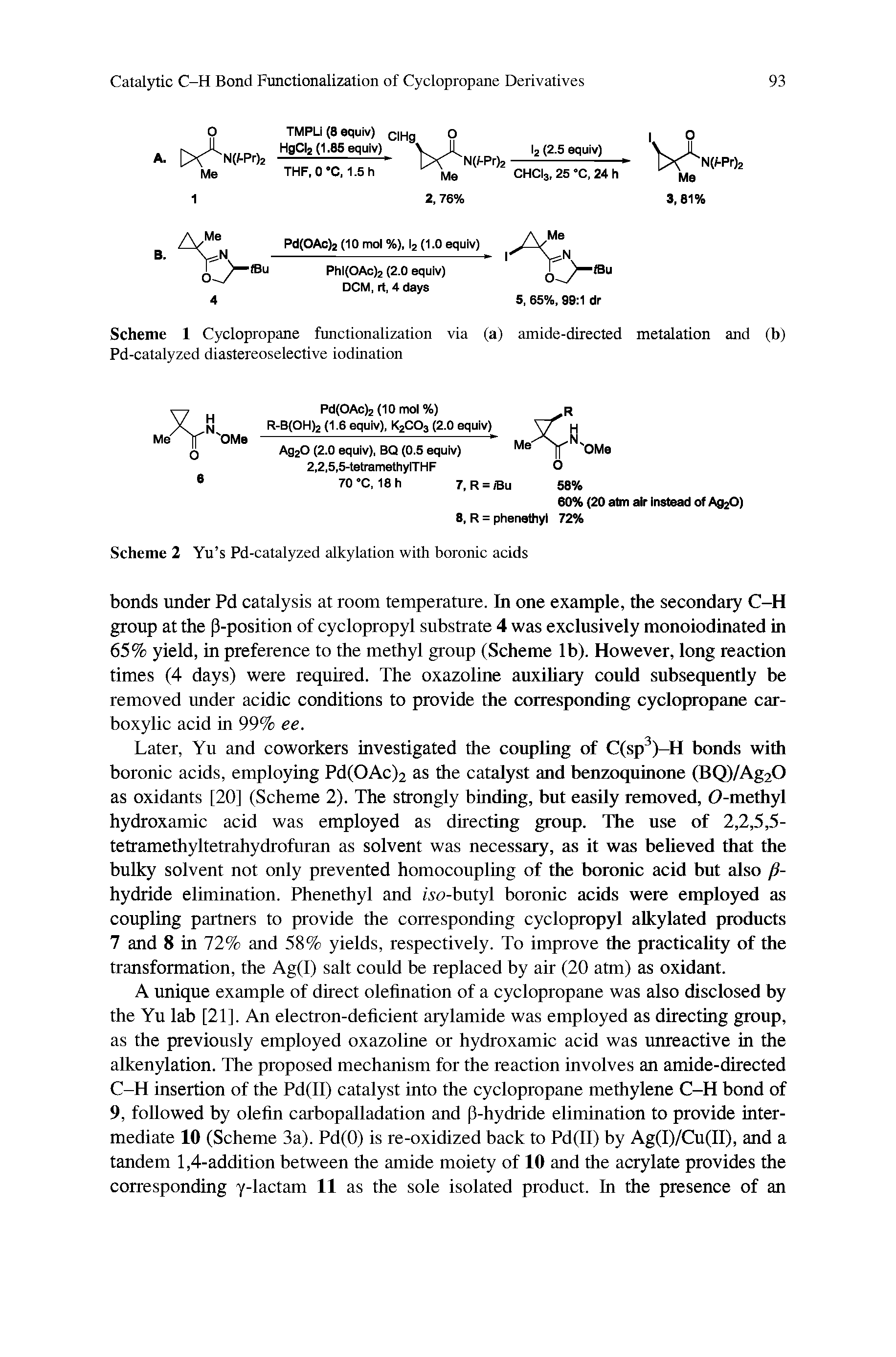 Scheme 1 Cyclopropane functionalization via (a) amide-directed metalation and (b) Pd-catalyzed diastereoselective iodination...