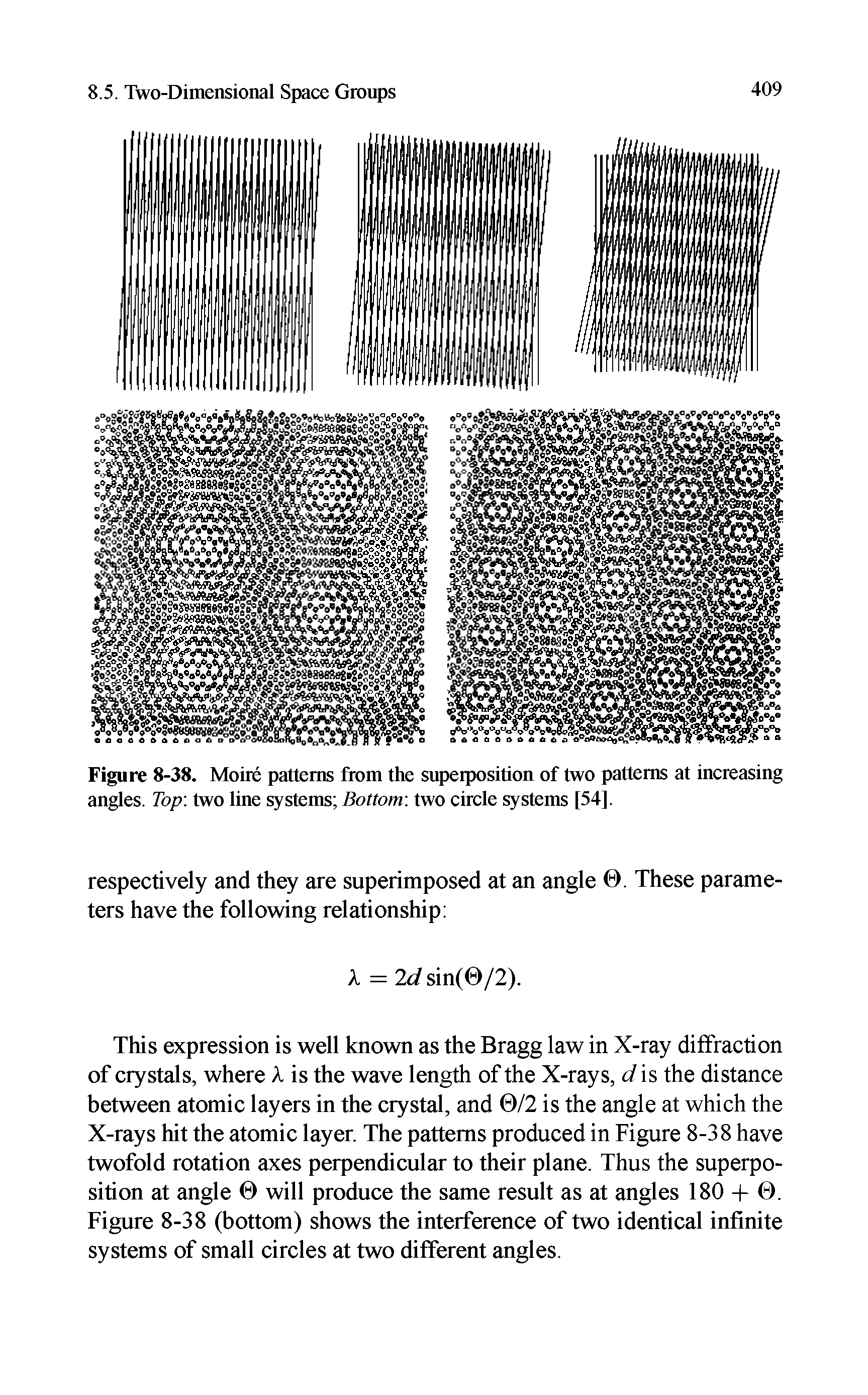 Figure 8-38. Moire patterns from the superposition of two patterns at increasing angles. Top two line systems Bottom two circle systems [54].
