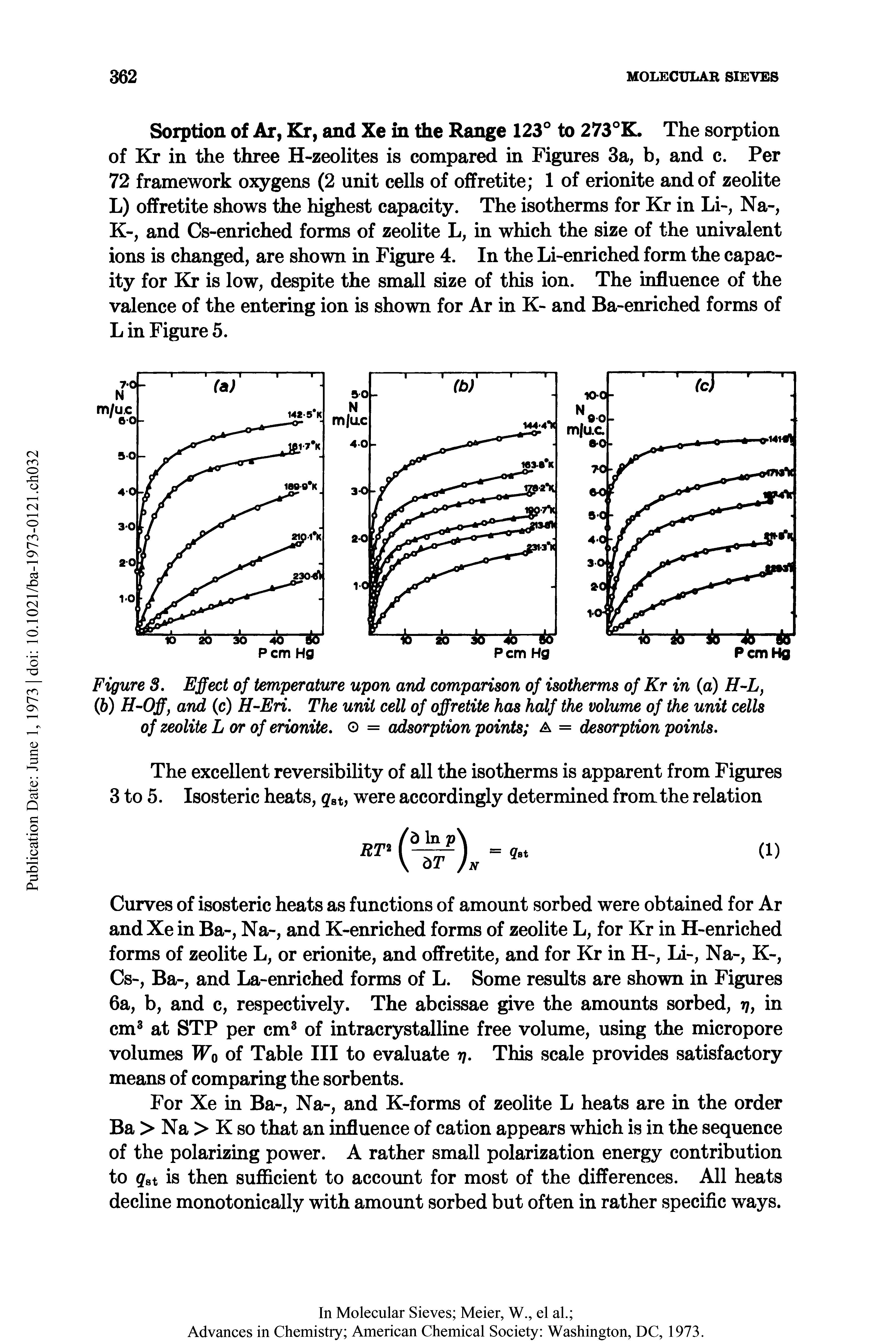 Figure 3. Effect of temperature upon and comparison of isotherms of Kr in (a) H-L, (6) H-Off, and (c) H-Eri. The unit cell of offretite has half the volume of the unit cells of zeolite L or of erionite. o = adsorption points A = desorption points.