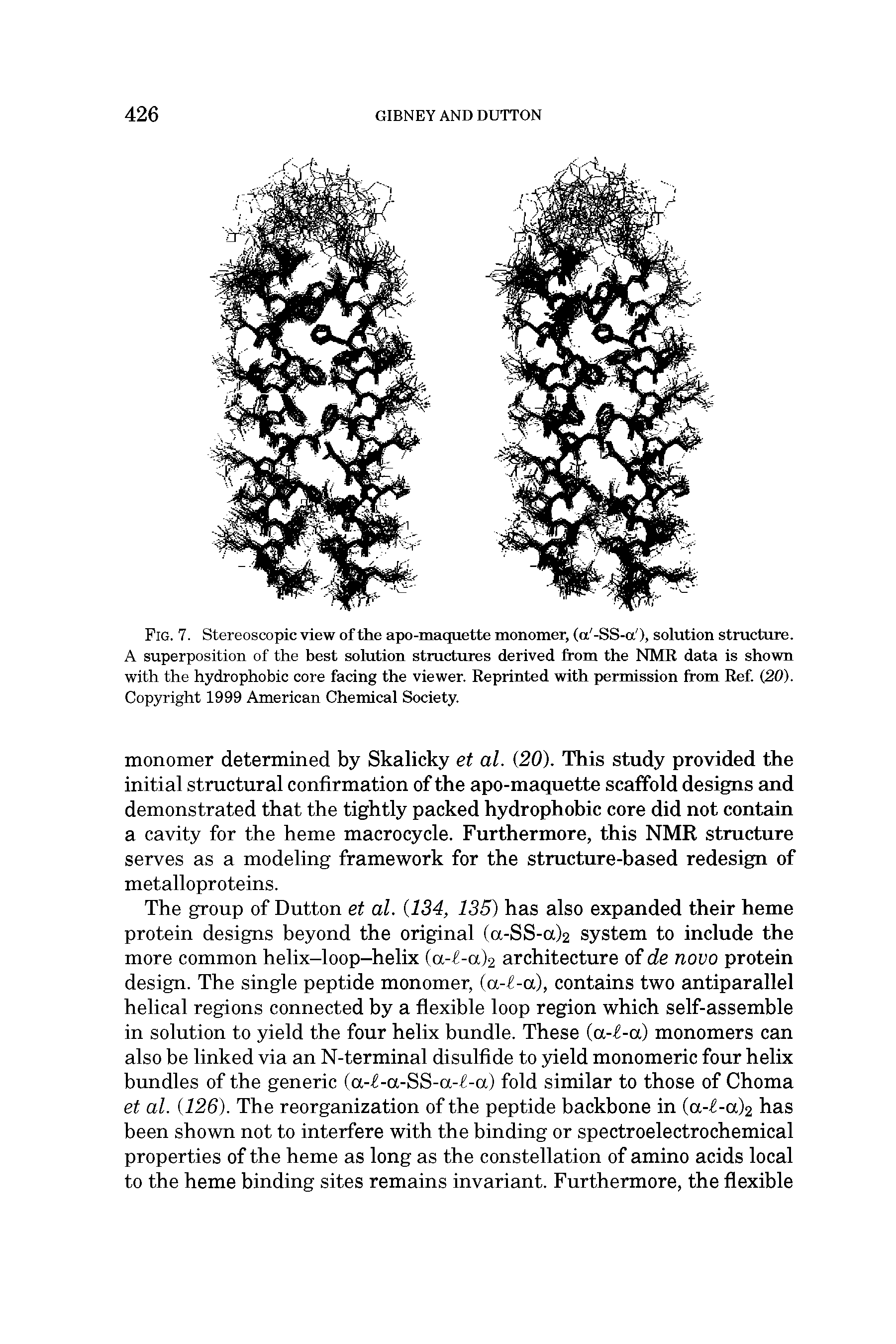 Fig. 7. Stereoscopic view of the apo-maquette monomer, (a -SS-a ), solution structure. A superposition of the best solution structures derived from the NMR data is shown with the hydrophobic core facing the viewer. Reprinted with permission from Ref (20). Copyright 1999 American Chemical Society.