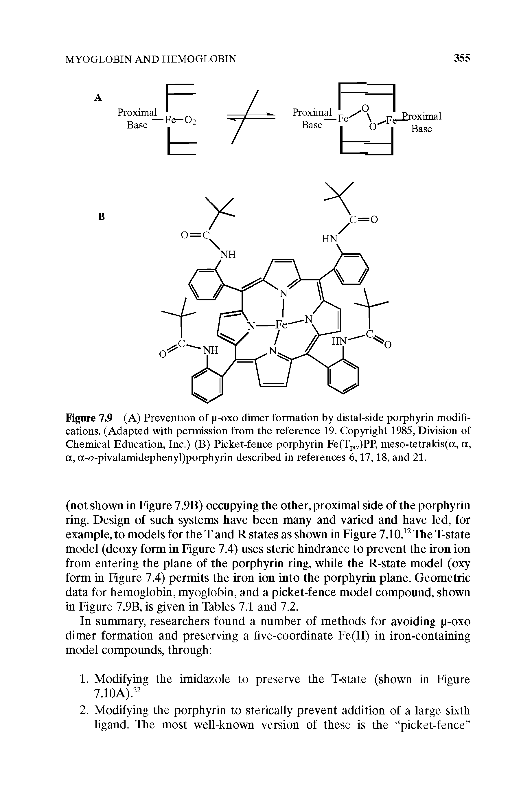Figure 7.9 (A) Prevention of a-oxo dimer formation by distal-side porphyrin modifications. (Adapted with permission from the reference 19. Copyright 1985, Division of Chemical Edncation, Inc.) (B) Picket-fence porphyrin Fe(Tpjv)PP, meso-tetrakis(a, a, a, a-c>-pivalamidephenyl)porphyrin described in references 6,17,18, and 21.