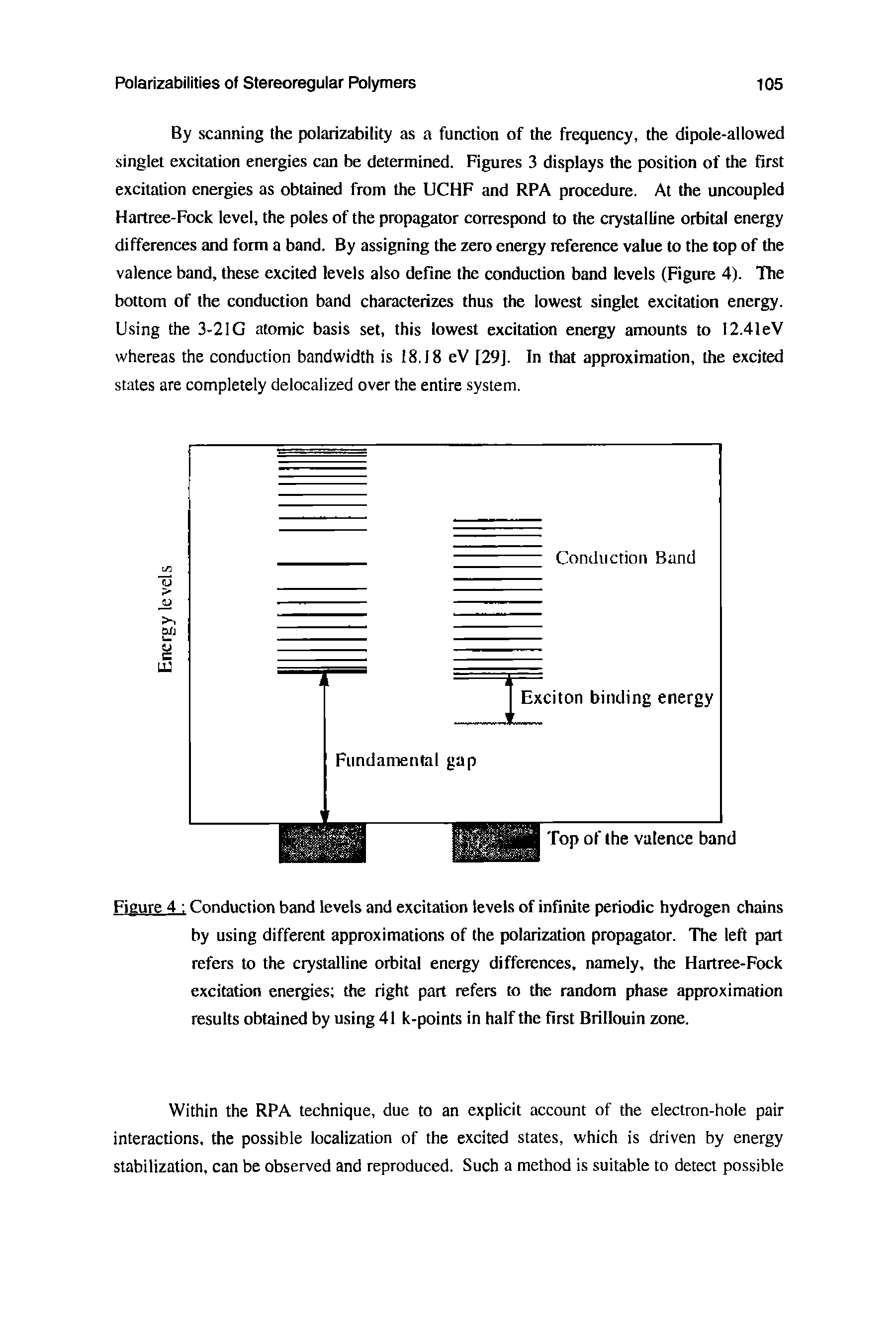 Figure 4 Conduction band levels and excitation levels of infinite periodic hydrogen chains by using different approximations of the polarization propagator. The left part refers to the crystalline orbital energy differences, namely, the Hartree-Fock excitation energies the right part refers to the random phase approximation results obtained by using 41 k-points in half the first Brillouin zone.