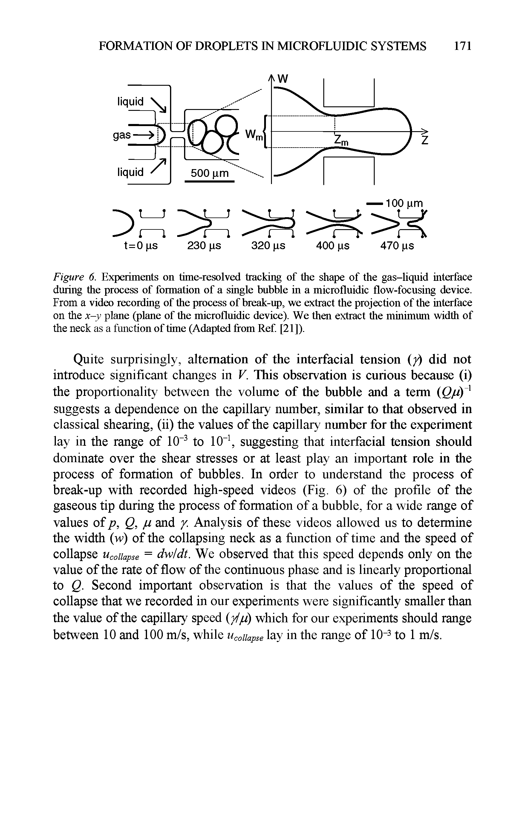 Figure 6. Experiments on time-resolved tracking of the shape of the gas-liquid interface during the process of formatiorr of a single bubble in a microfluidic flow-focusing device. From a video recording of the process of break-up, we extract the projection of the interface on the x-y plarre (plane of the microfluidic device). We then extract the minimum width of the neck as a functiorr of time (Adapted Ifom Ref [21]).