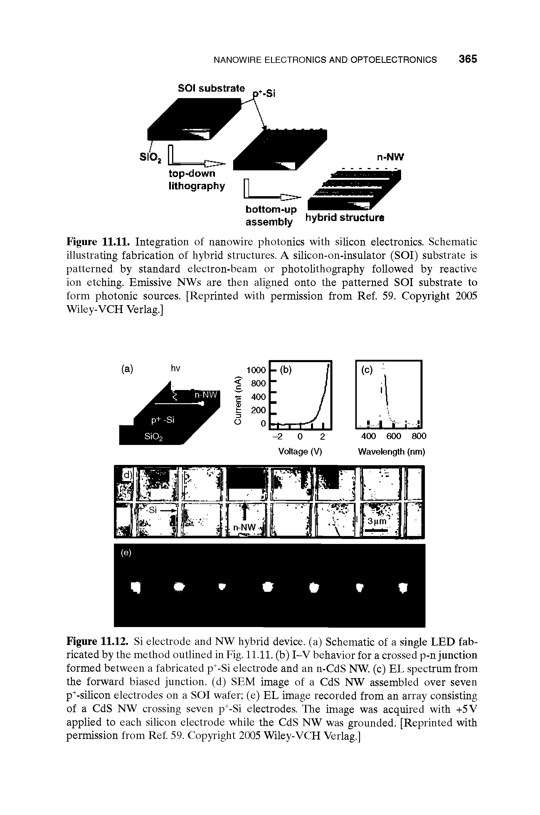 Figure 11.12. Si electrode and NW hybrid device, (a) Schematic of a single LED fabricated by the method outlined in Fig. 11.11. (b) I-V behavior for a crossed p-n junction formed between a fabricated p+-Si electrode and an n-CdS NW. (c) EL spectrum from the forward biased junction, (d) SEM image of a CdS NW assembled over seven p+-silicon electrodes on a SOI wafer (e) EL image recorded from an array consisting of a CdS NW crossing seven p+-Si electrodes. The image was acquired with +5V applied to each silicon electrode while the CdS NW was grounded. [Reprinted with permission from Ref. 59. Copyright 2005 Wiley-VCH Verlag.]...