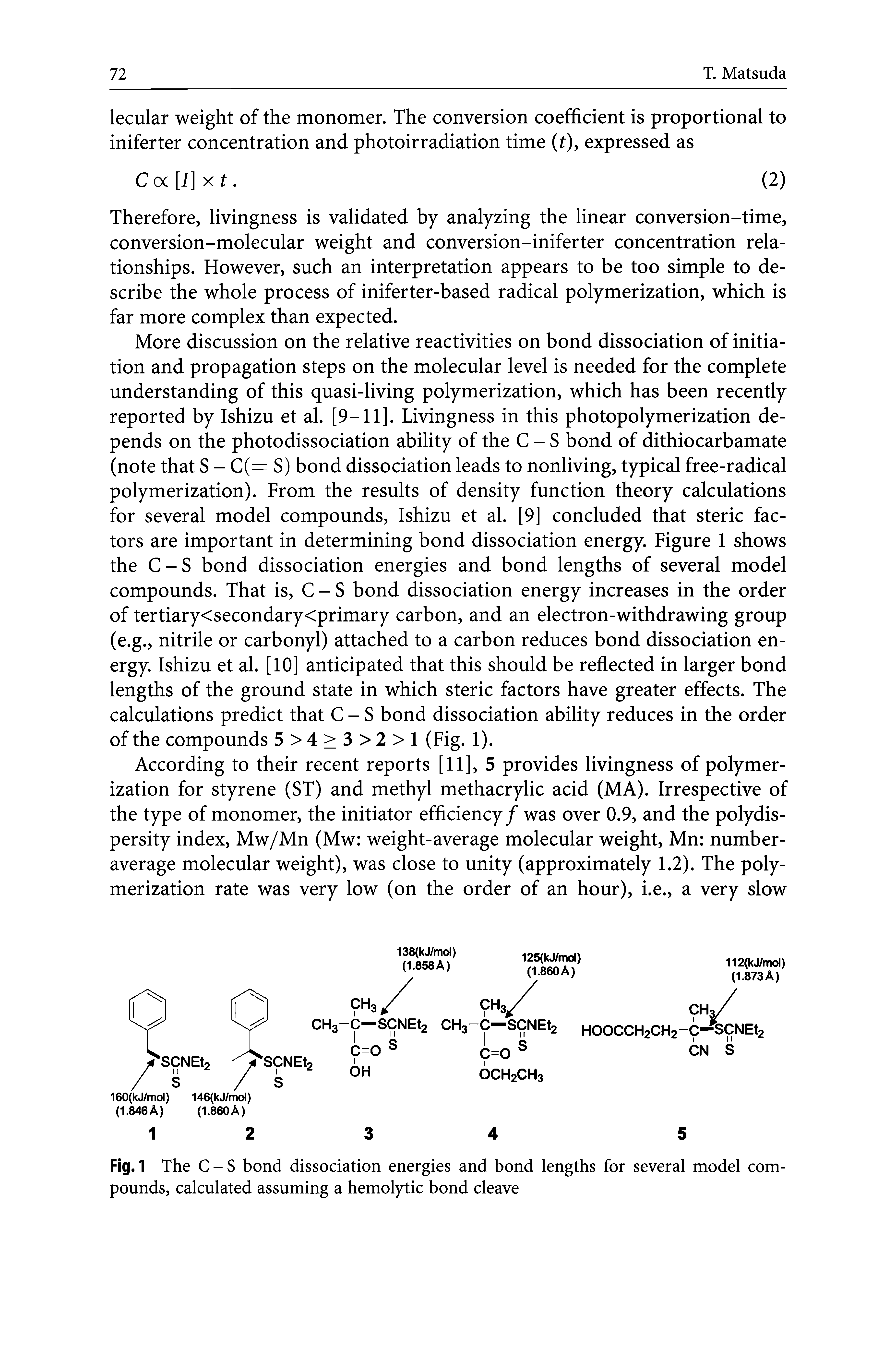 Fig.1 The C-S bond dissociation energies and bond lengths for several model compounds, calculated assuming a hemolytic bond cleave...