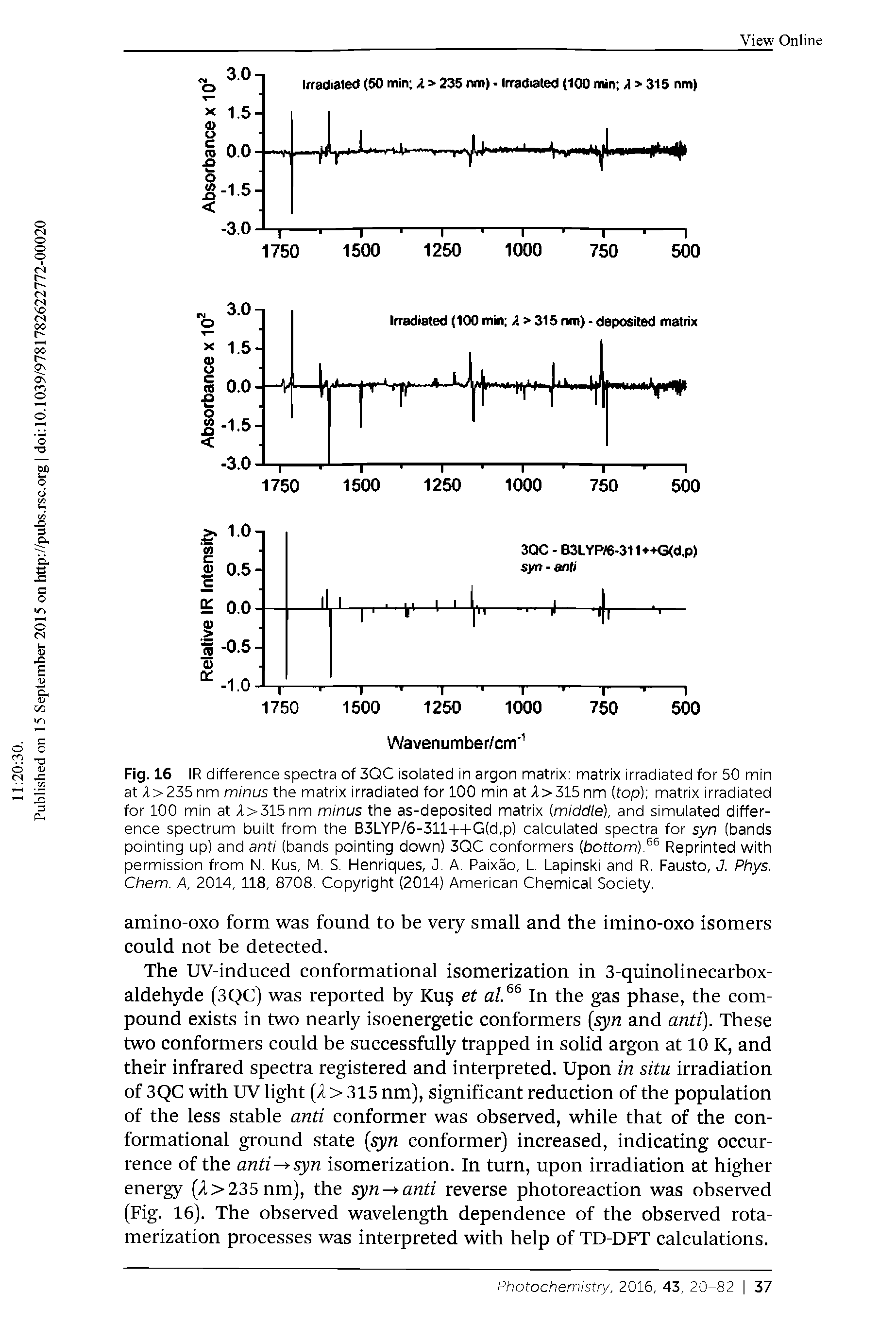 Fig. 16 IR difference spectra of 3QC isolated in argon matrix matrix irradiated for 50 min at A>235 nm minus the matrix irradiated for 100 min at A>315 nm (top) matrix irradiated for 100 min at l>315nm minus the as-deposited matrix (middle), and simulated difference spectrum built from the B3LYP/6-311- - -G(d,p) calculated spectra for syn (bands pointing up) and anti (bands pointing down) 3QC conformers (bottom). " " Reprinted with permission from N. Kus, M. S. Henriques, J. A. Paixao, L. Lapinski and R. Fausto, J. Phys. Chem. A, 2014, 118, 8708. Copyright (2014) American Chemical Society.