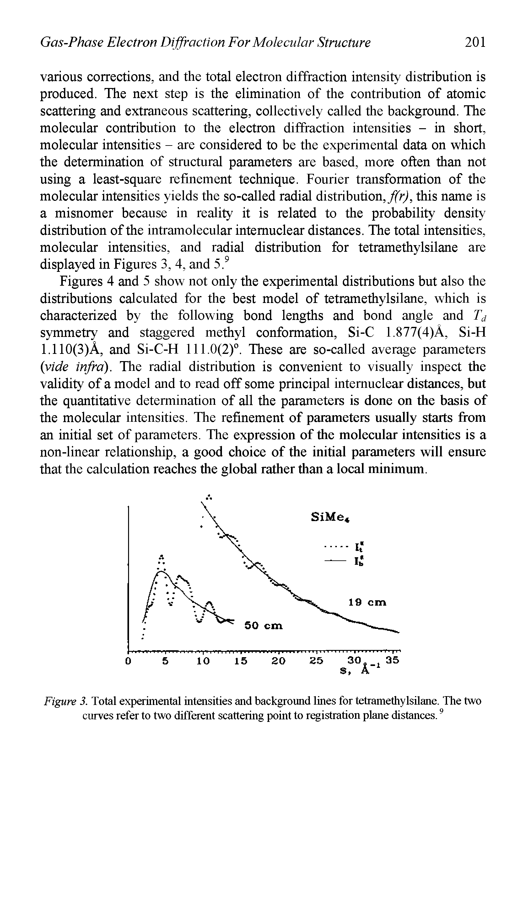 Figures 4 and 5 show not only the experimental distributions but also the distributions calculated for the best model of tetramethylsilane, which is characterized by the following bond lengths and bond angle and Td symmetry and staggered methyl conformation, Si-C 1.877(4)A, Si-H 1.110(3)A, and Si-C-H 111.0(2)°. These are so-called average parameters lyide infra). The radial distribution is convenient to visually inspect the validity of a model and to read off some principal intemuclear distances, but the quantitative determination of all the parameters is done on the basis of the molecular intensities. The refinement of parameters usually starts from an initial set of parameters. The expression of the molecular intensities is a non-linear relationship, a good choice of the initial parameters will ensure that the calculation reaches the global rather than a local minimum.