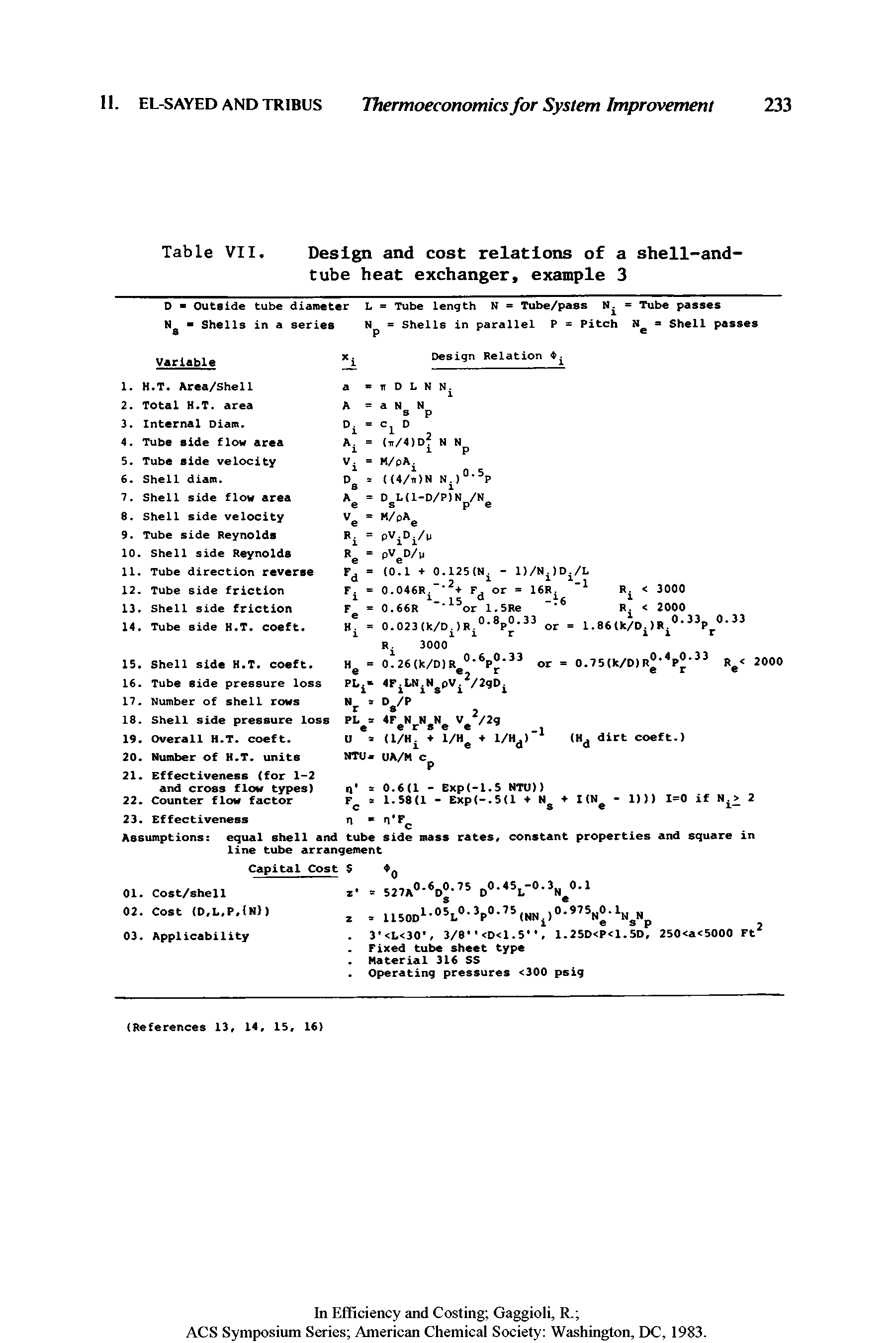 Table VII. Design and cost relations of a shell-and-tube heat exchanger, example 3...