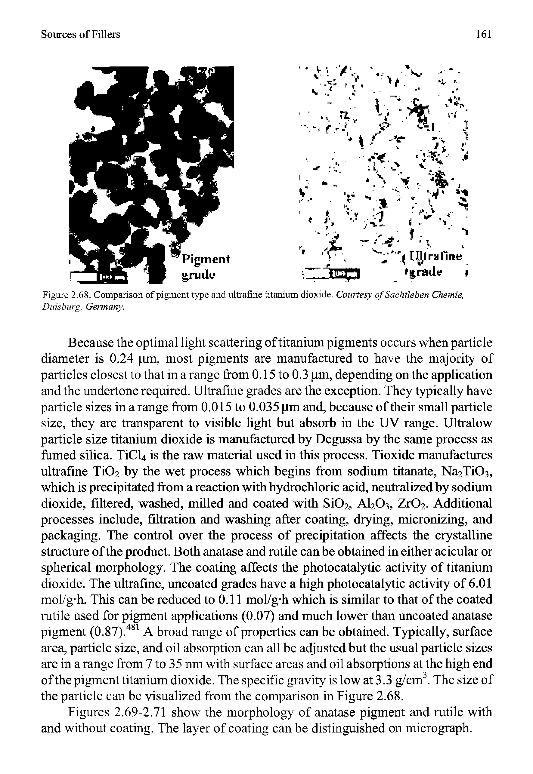 Figures 2.69-2.71 show the morphology of anatase pigment and rutile with and without coating. The layer of coating can be distinguished on micrograph.