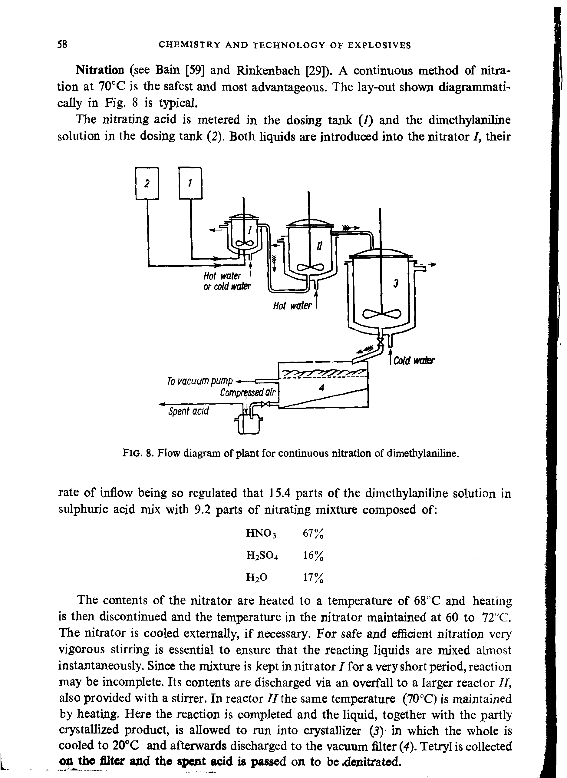 Fig. 8. Flow diagram of plant for continuous nitration of dimethylaniline.