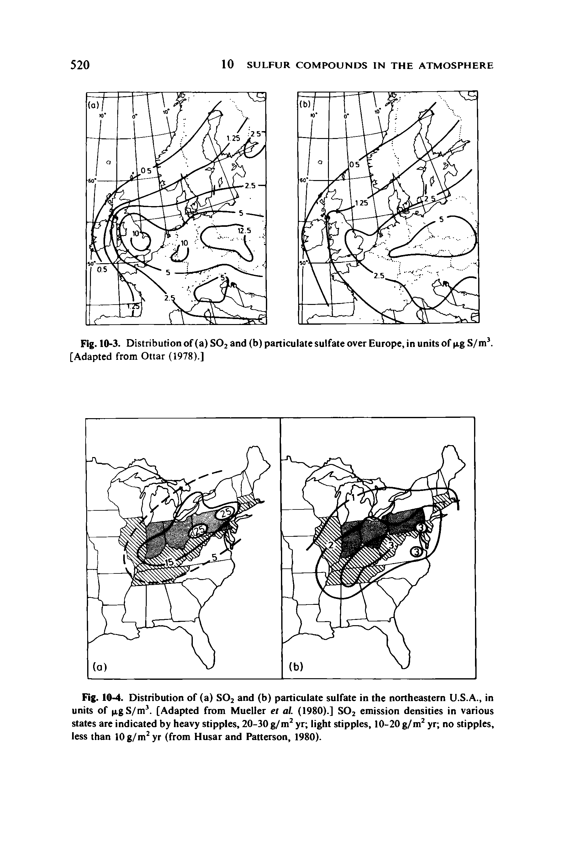 Fig. 10-4. Distribution of (a) S02 and (b) particulate sulfate in the northeastern U.S.A., in units of p.g S/m3. [Adapted from Mueller el al. (1980).] S02 emission densities in various states are indicated by heavy stipples, 20-30 g/m2 yr light stipples, 10-20 g/m2 yr no stipples, less than 10g/m2yr (from Husar and Patterson, 1980).