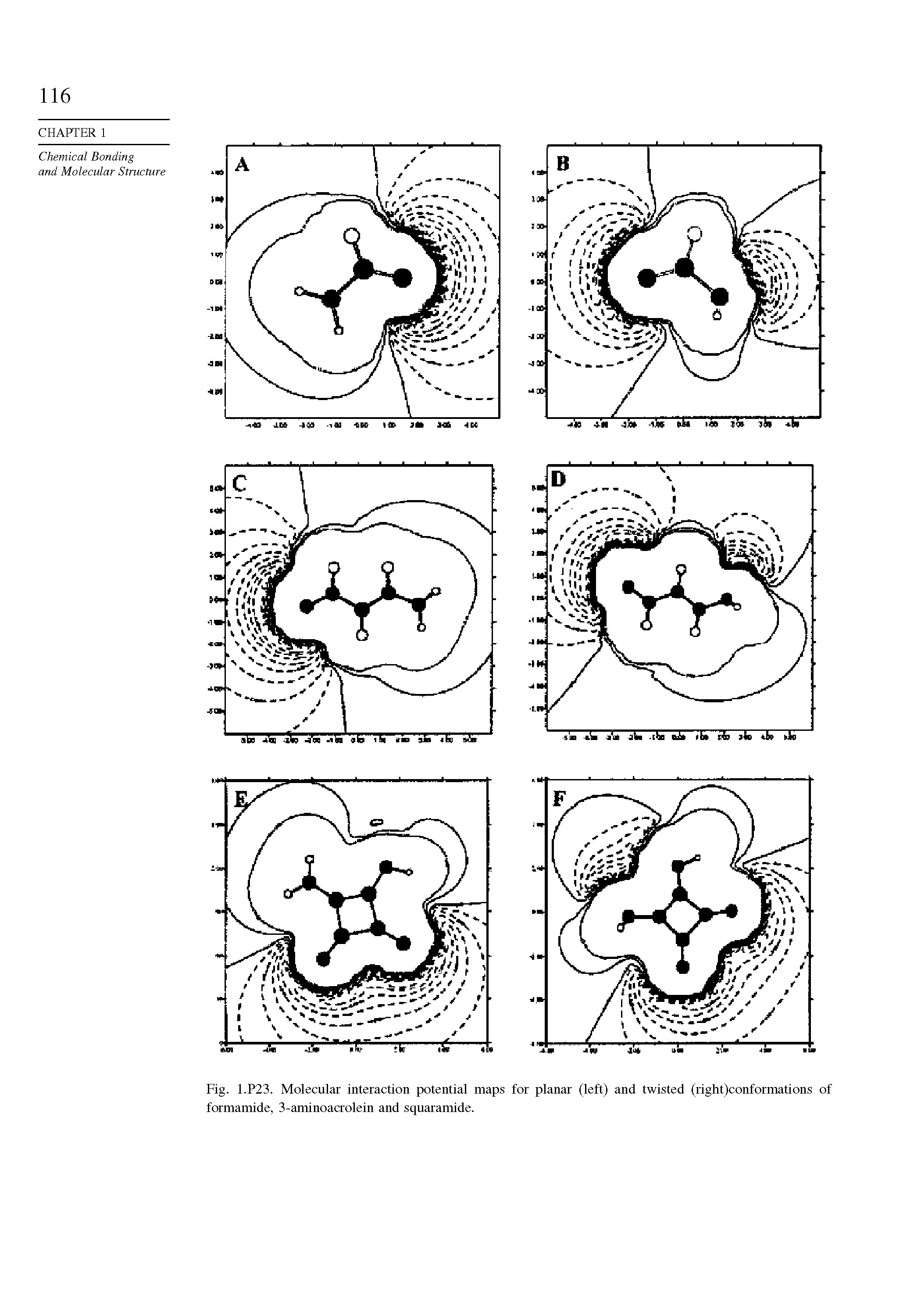 Fig. 1.P23. Molecular interaction potential maps for planar (left) and twisted (right)conformations of formamide, 3-aminoacrolein and squaramide.