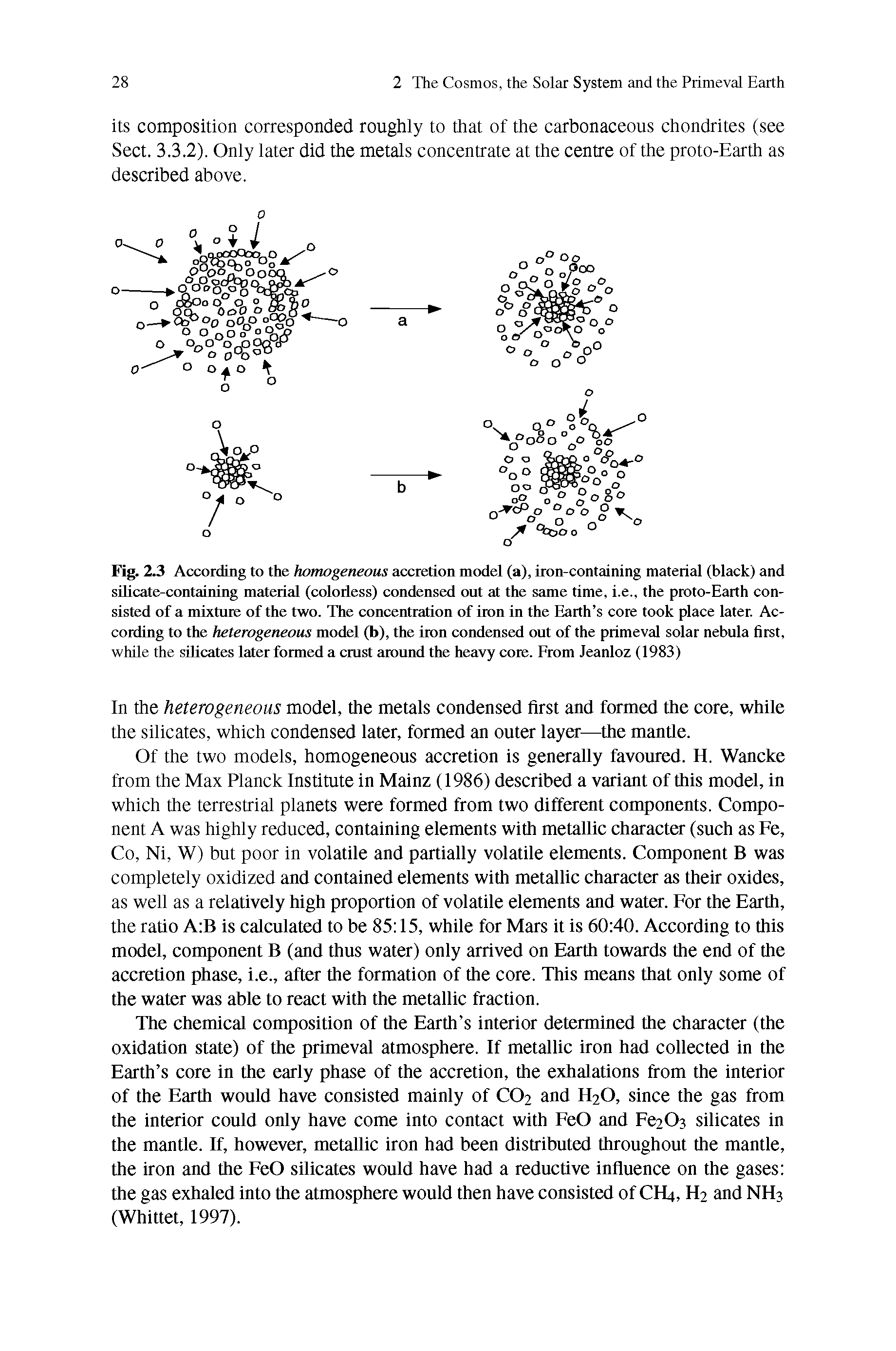 Fig. 2.3 According to the homogeneous accretion model (a), iron-containing material (black) and silicate-containing material (colorless) condensed out at the same time, i.e., the proto-Earth consisted of a mixture of the two. The concentration of iron in the Earth s core took place later. According to the heterogeneous model (b), the iron condensed out of the primeval solar nebula first, while the silicates later formed a crust around the heavy core. From Jeanloz (1983)...