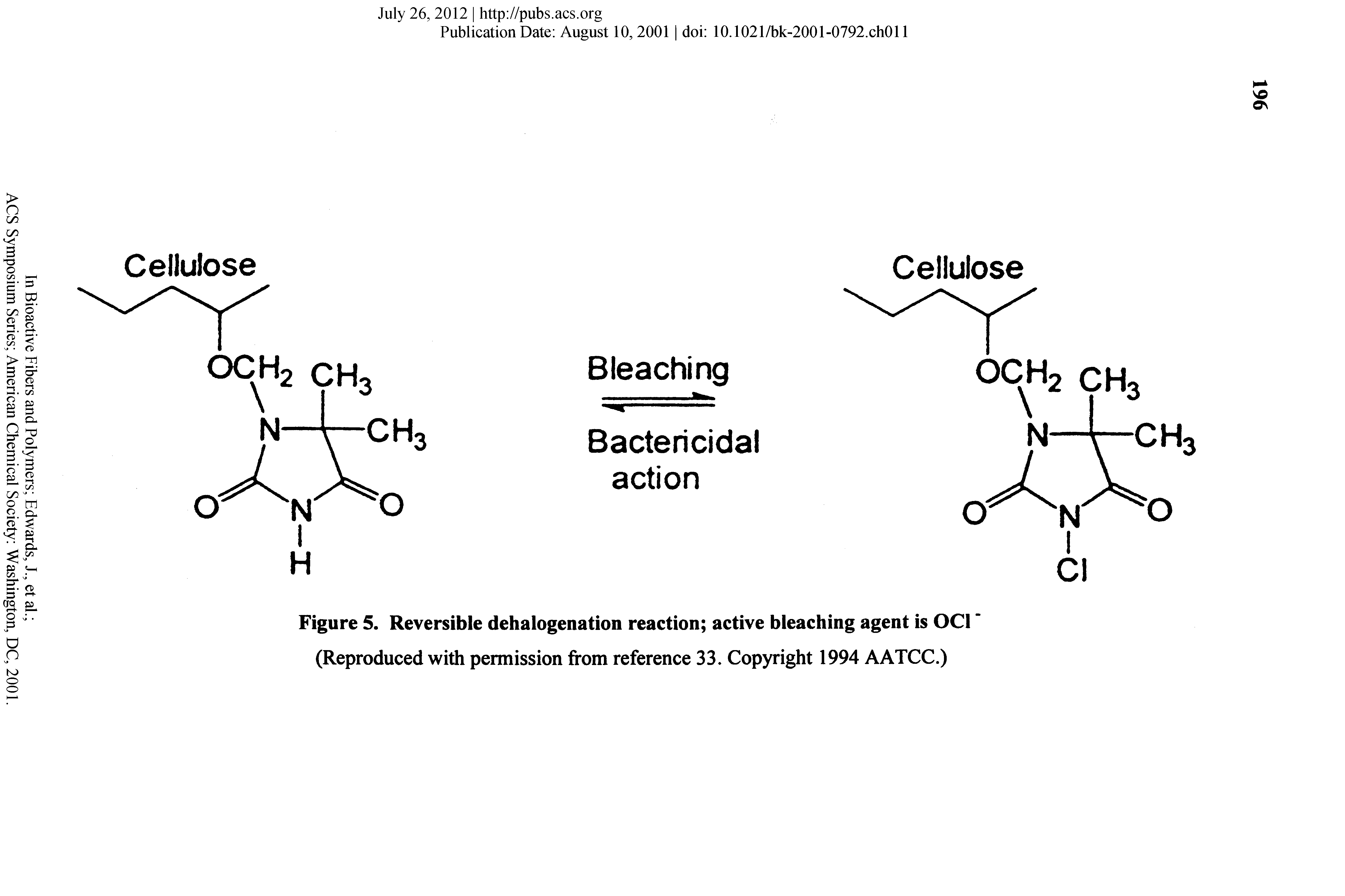 Figure 5. Reversible dehalogenation reaction active bleaching agent is OCI (Reproduced with permission from reference 33. Copyright 1994 AATCC.)...