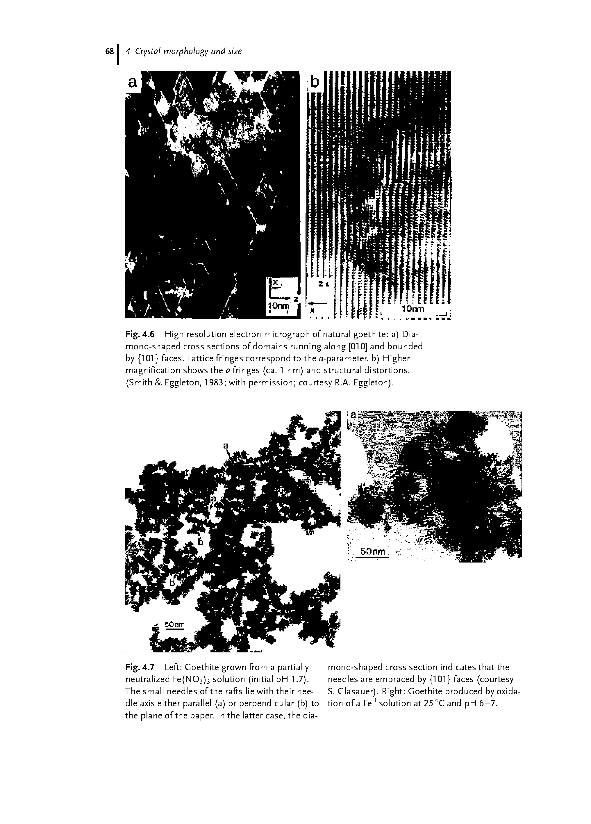 Fig. 4.6 High resolution electron micrograph of natural goethite a) Diamond-shaped cross sections of domains running along [010] and bounded by 101 faces. Lattice fringes correspond to the c -parameter. b) Higher magnification shows the a fringes (ca. 1 nm) and structural distortions. (Smith Eggleton, 1983 with permission courtesy R.A. Eggleton).