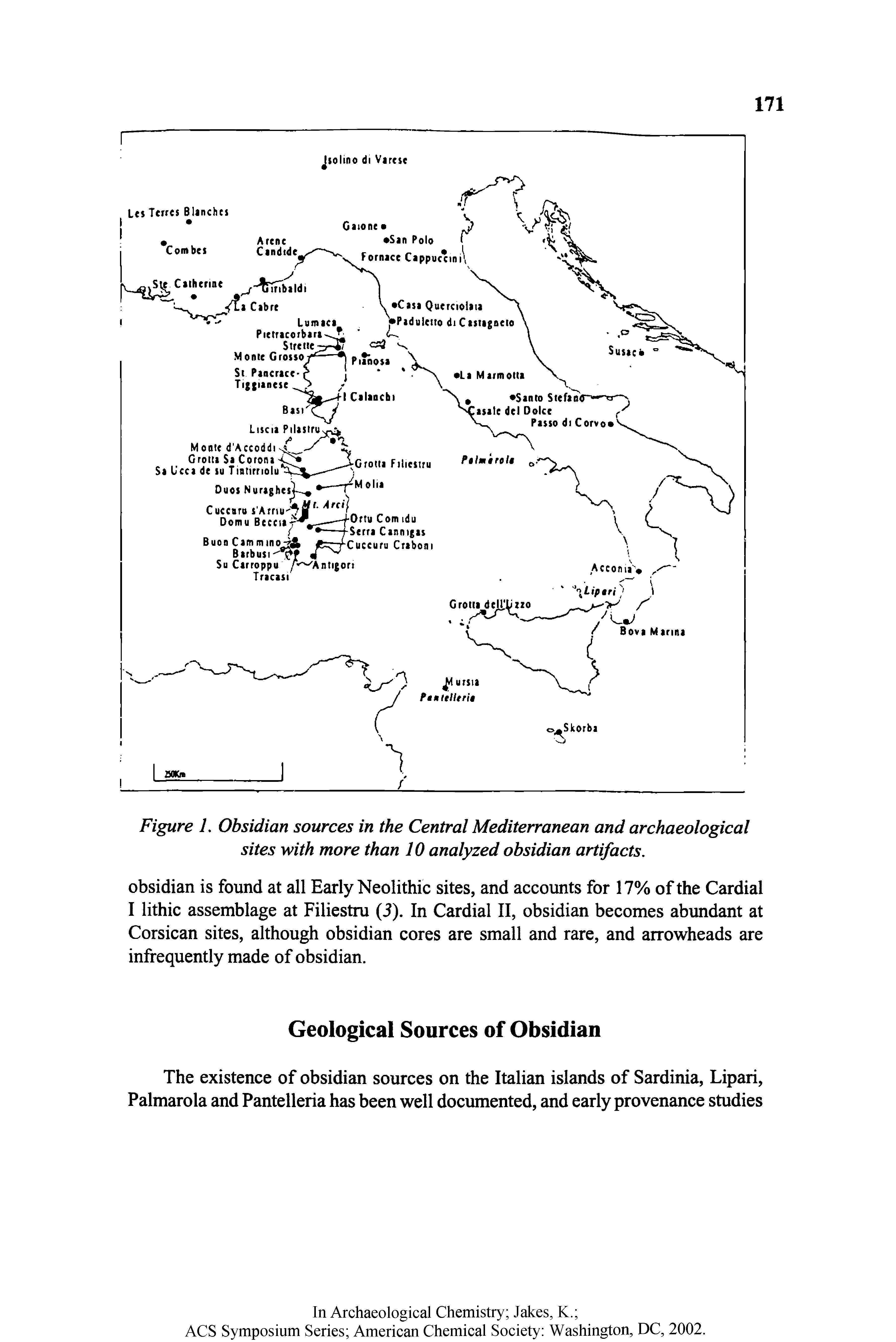 Figure L Obsidian sources in the Central Mediterranean and archaeological sites with more than 10 analyzed obsidian artifacts.