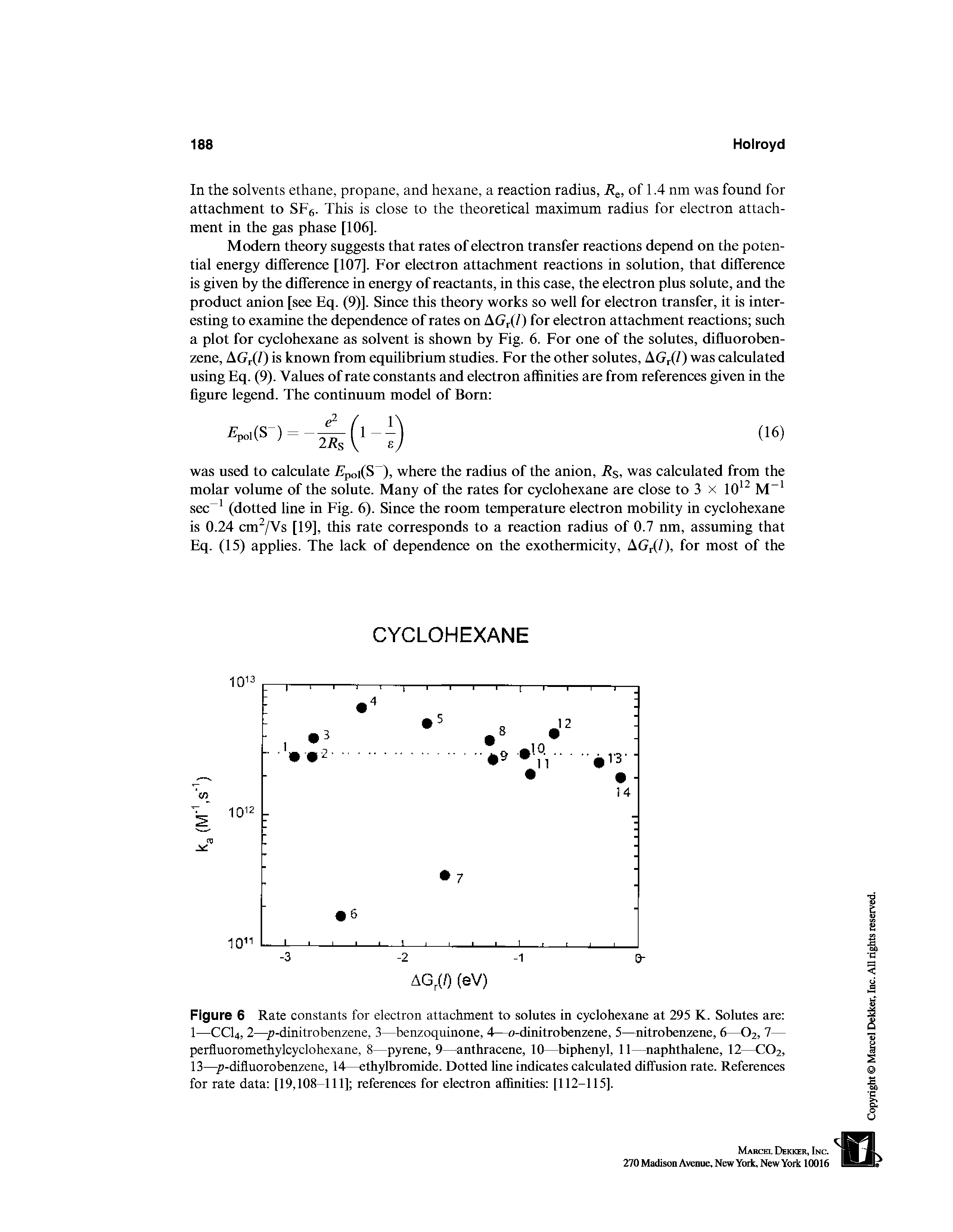 Figure 6 Rate constants for electron attachment to solutes in cyclohexane at 295 K. Solutes are 1—CCI4, 2— -dinitrobenzene, 3—benzoquinone, 4—o-dinitrobenzene, 5— nitrobenzene, 6—O2, 7— perfluoromethylcyclohexane, 8—pyrene, 9—anthracene, 10— biphenyl, 11— naphthalene, 12—CO2, 13— -difluorobenzene, 14—ethylbromide. Dotted line indicates calculated diffusion rate. References for rate data [19,108-111] references for electron affinities [112-115].