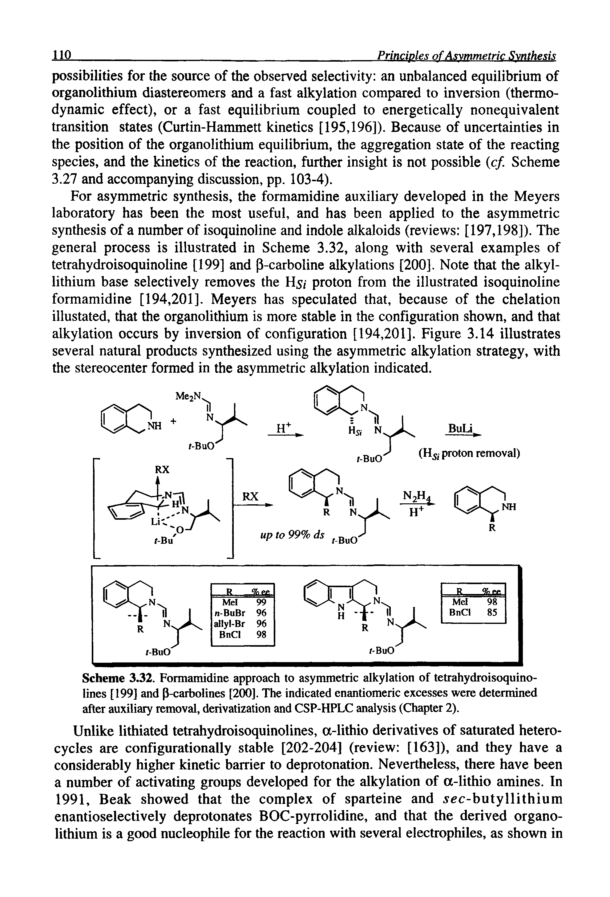 Scheme 3.32. Formamidine approach to asymmetric alkylation of tetrahydroisoquino-lines [199] and P-carbolines [200]. The indicated enantiomeric excesses were determined after auxiliary removal, derivatization and CSP-HPLC analysis (Chapter 2).