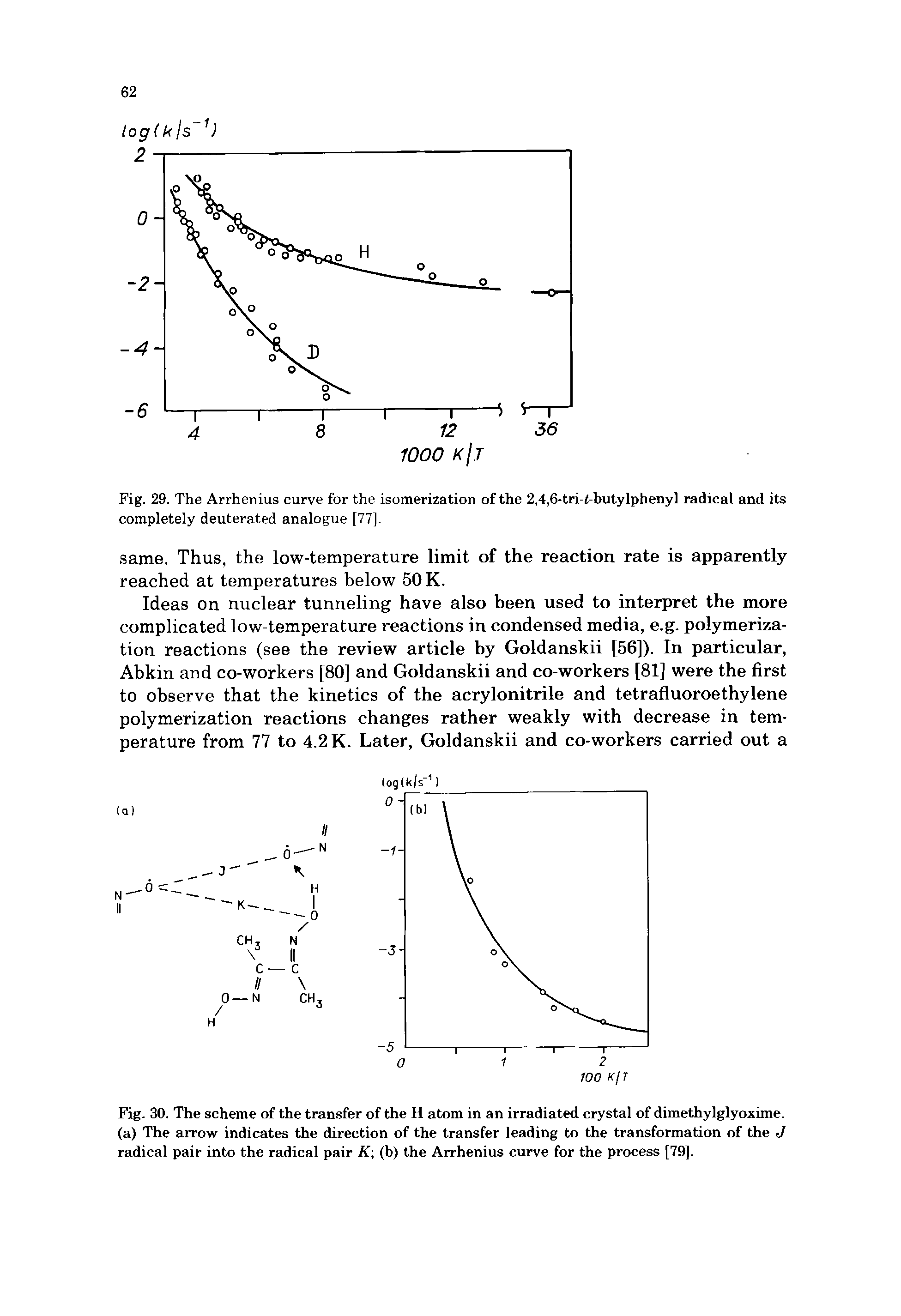 Fig. 29. The Arrhenius curve for the isomerization of the 2,4,6-tri-t-butylphenyl radical and its completely deuterated analogue [77],...