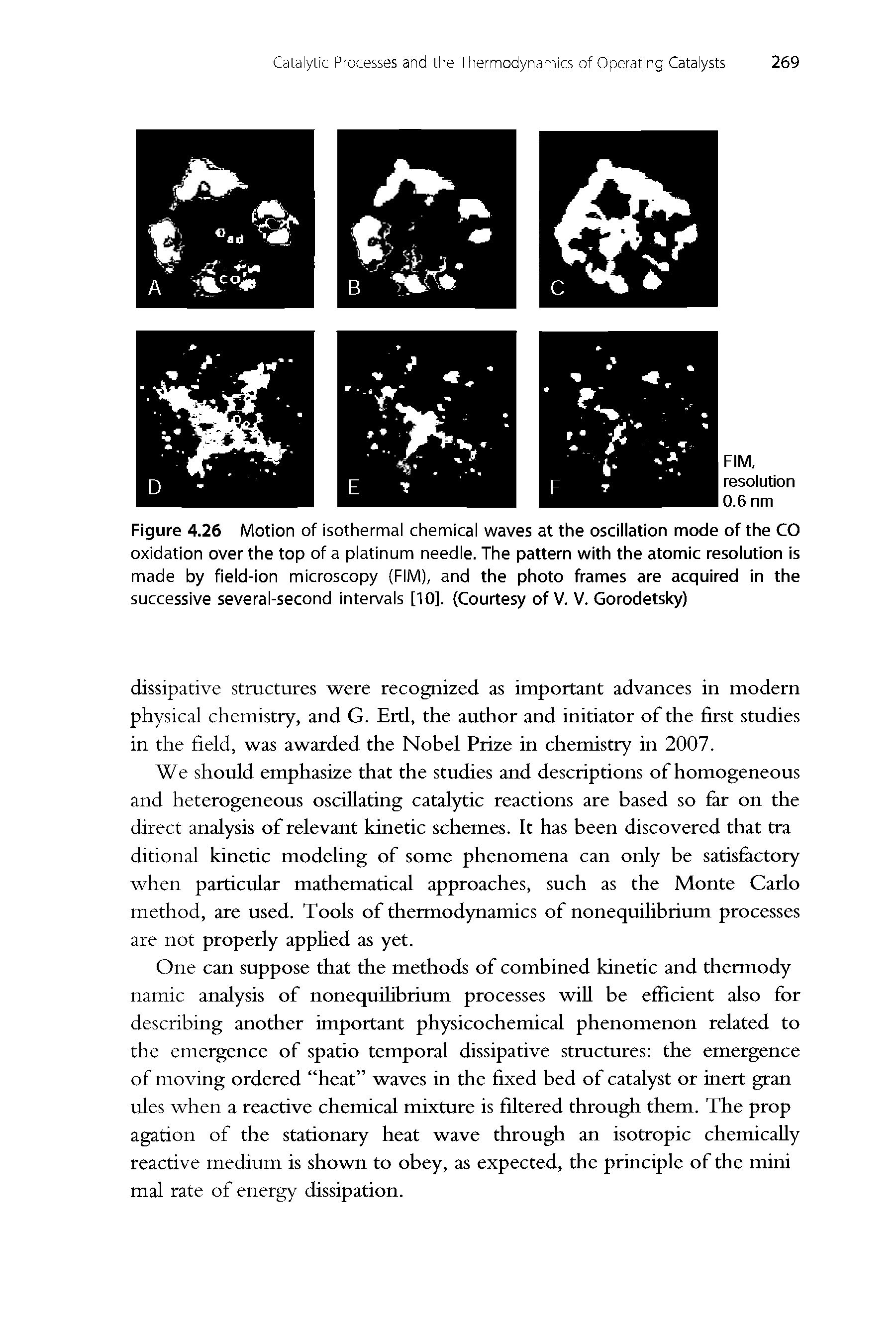 Figure 4.26 Motion of isothermal chemical waves at the oscillation mode of the CO oxidation over the top of a platinum needle. The pattern with the atomic resolution is made by field-ion microscopy (FIM), and the photo frames are acquired in the successive several-second intervals [10]. (Courtesy of V. V. Gorodetsky)...