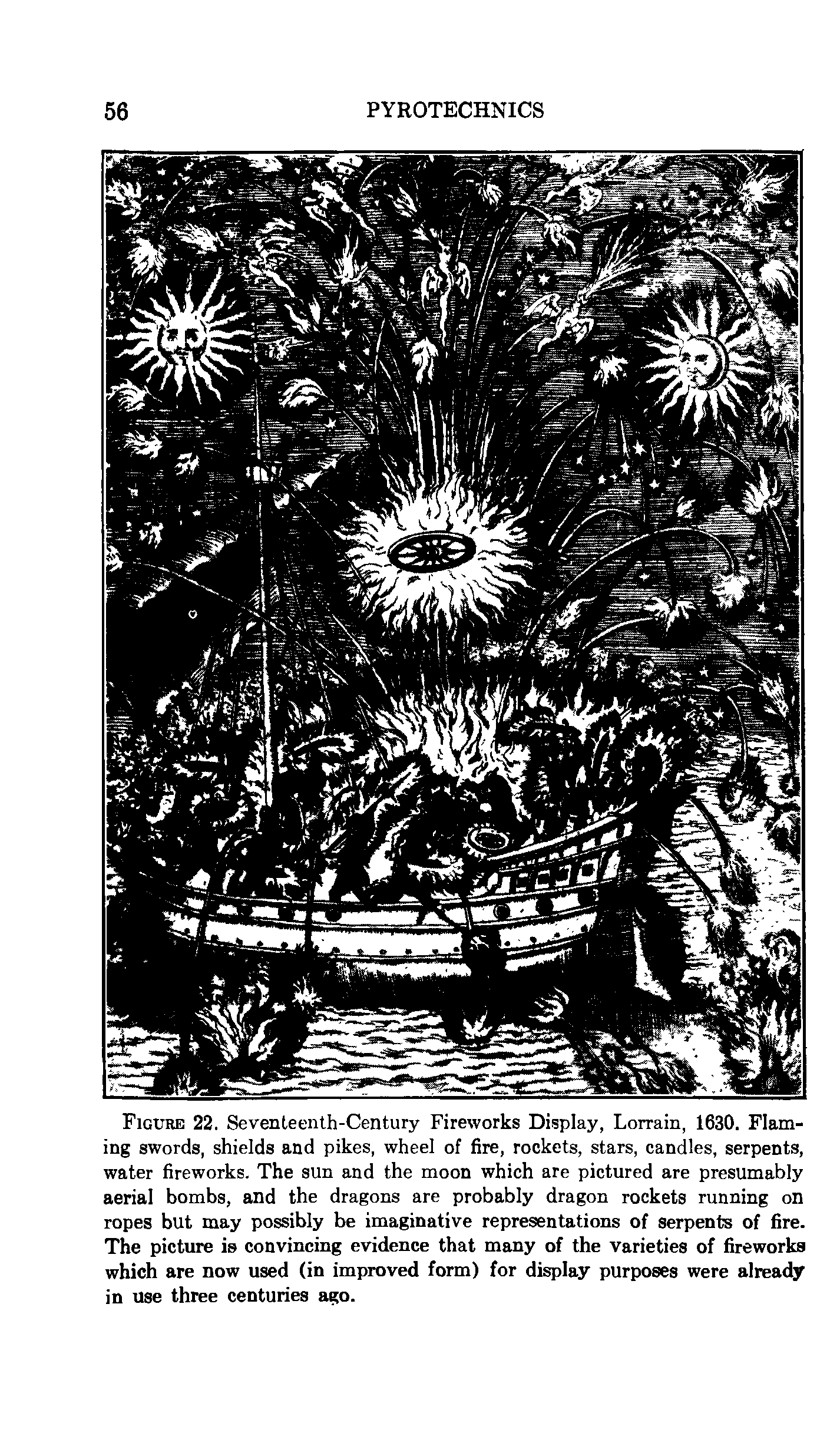Figure 22. Seventeenth-Century Fireworks Display, Lorrain, 1630. Flaming swords, shields and pikes, wheel of fire, rockets, stars, candles, serpents, water fireworks. The sun and the moon which are pictured are presumably aerial bombs, and the dragons are probably dragon rockets running on ropes but may possibly be imaginative representations of serpents of fire. The picture is convincing evidence that many of the varieties of fireworks which are now used (in improved form) for display purposes were already in use three centuries ago.