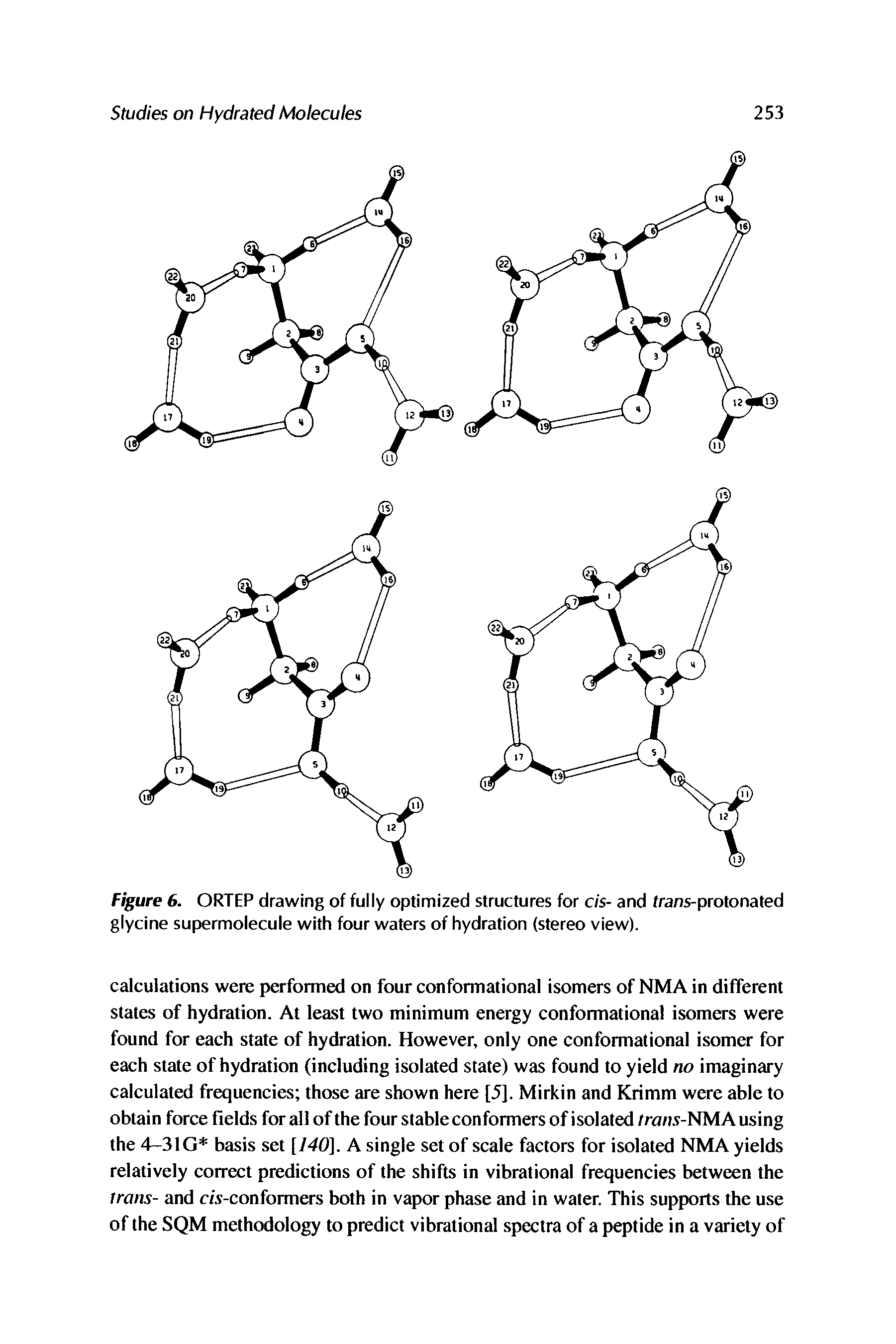 Figure 6. ORTEP drawing of fully optimized structures for c/ s- and frans-protonated glycine supermolecule with four waters of hydration (stereo view).