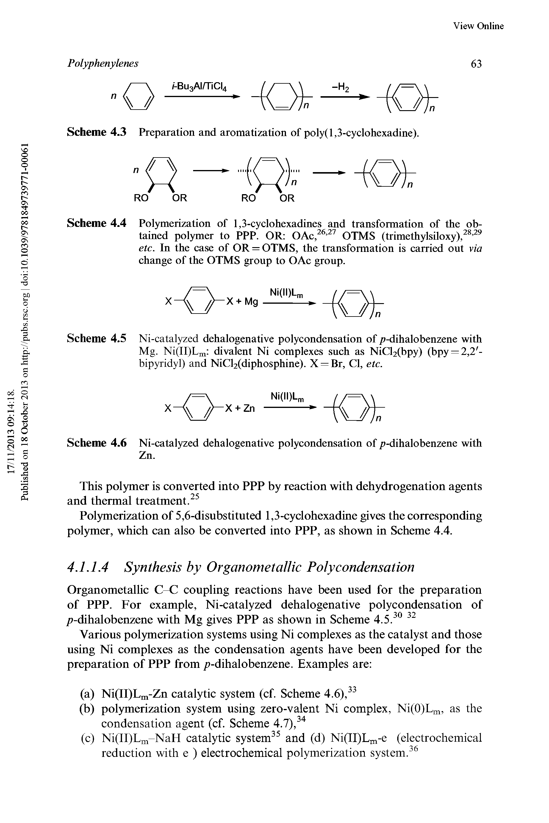 Scheme 4.5 Ni-catalyzed dehalogenative polycondensation of p-dihalobenzene with Mg. Ni(II)Lm divalent Ni complexes such as NiCl2(bpy) (bpy = 2,2 -bipyridyl) and NiCl2(diphosphine). X = Br, Cl, etc.