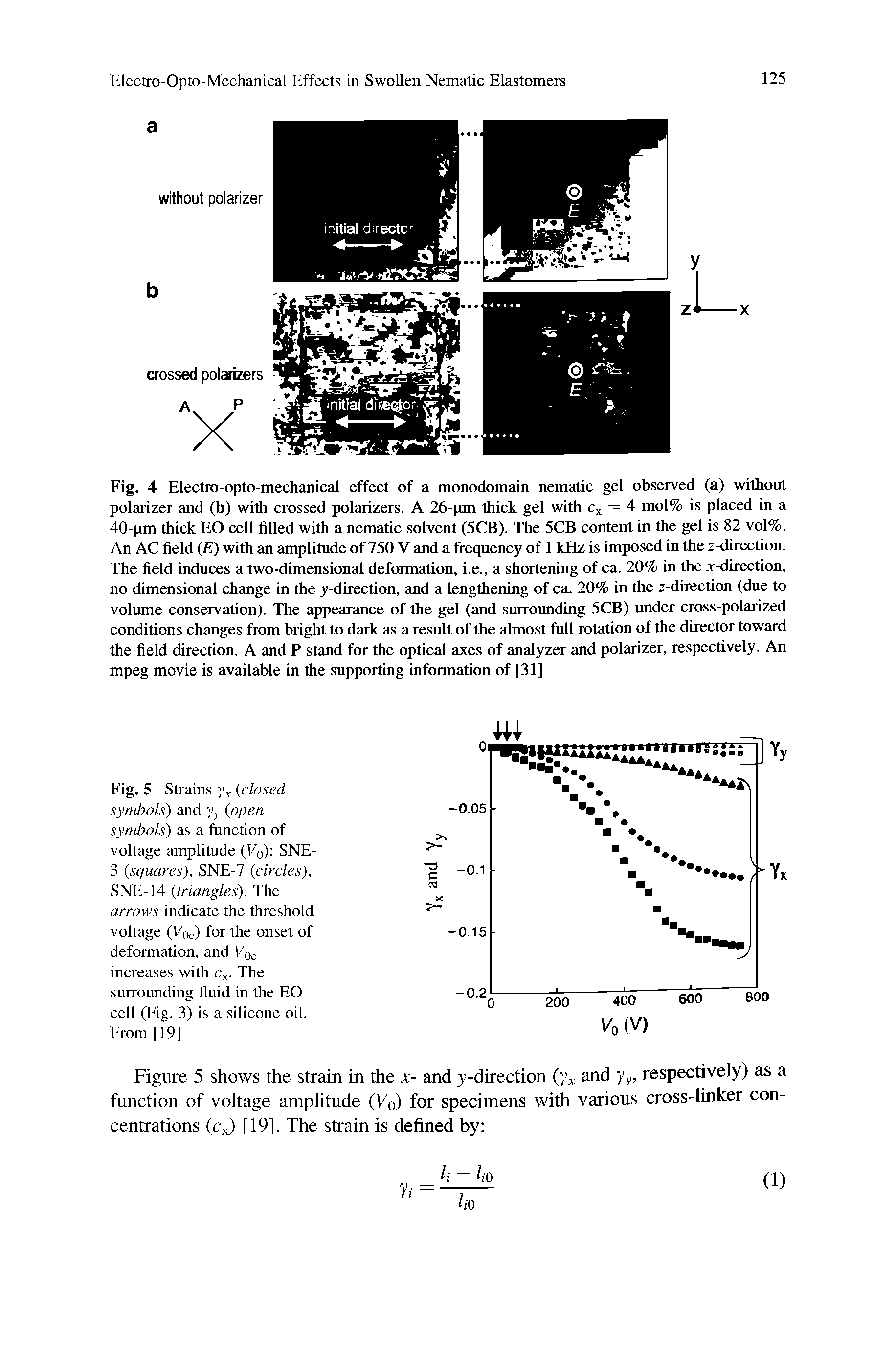 Fig. 4 Electro-opto-mechanical effect of a monodomain nematic gel observed (a) without polarizer and (b) with crossed polarizers. A 26-pm thick gel with = 4 mol% is placed in a 40-pm thick EO cell filled with a nematic solvent (5CB). The 5CB content in the gel is 82 vol%. An AC field (E) with an amplitude of 750 V and a fi equency of 1 kHz is imposed in the z-direcUon. The field induces a two-dimensional deformation, i.e., a shortening of ca. 20% in the r-direction, no dimensional change in the y-direction, and a lengthening of ca. 20% in the z-direction (due to volume conservation). The appearance of the gel (and surrounding 5CB) under cross-polarized conditions changes from bright to dark as a result of the almost full rotatirai of the director toward the field direction. A and P stand for the optical axes of analyzCT and polarizer, respectively. An mpeg movie is available in the supporting information of [31]...