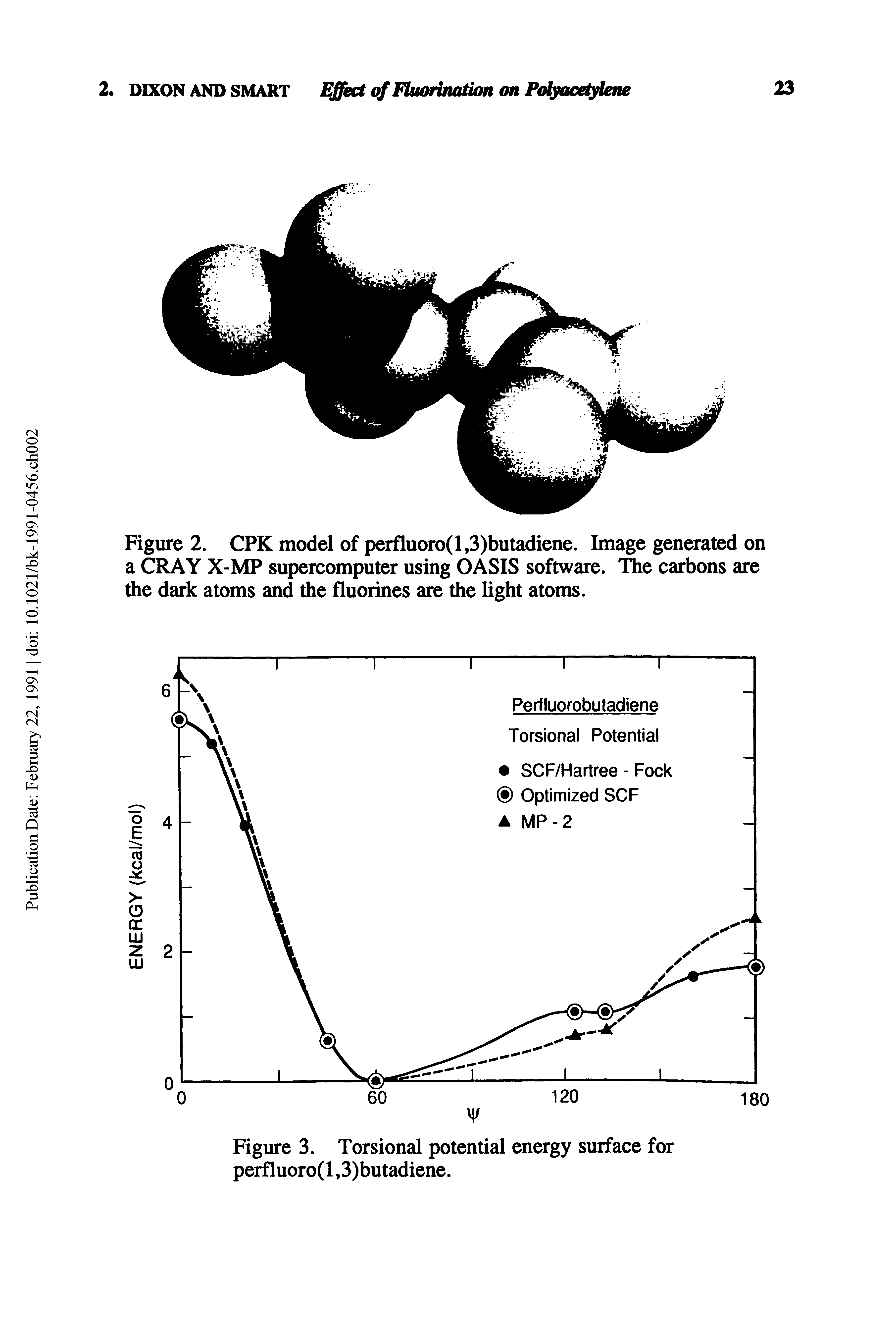 Figure 2. CPK model of perfluoro(l,3)butadiene. Image generated on a CRAY X-MP supercomputer using OASIS software. The carbons are the dark atoms and the fluorines are the light atoms.