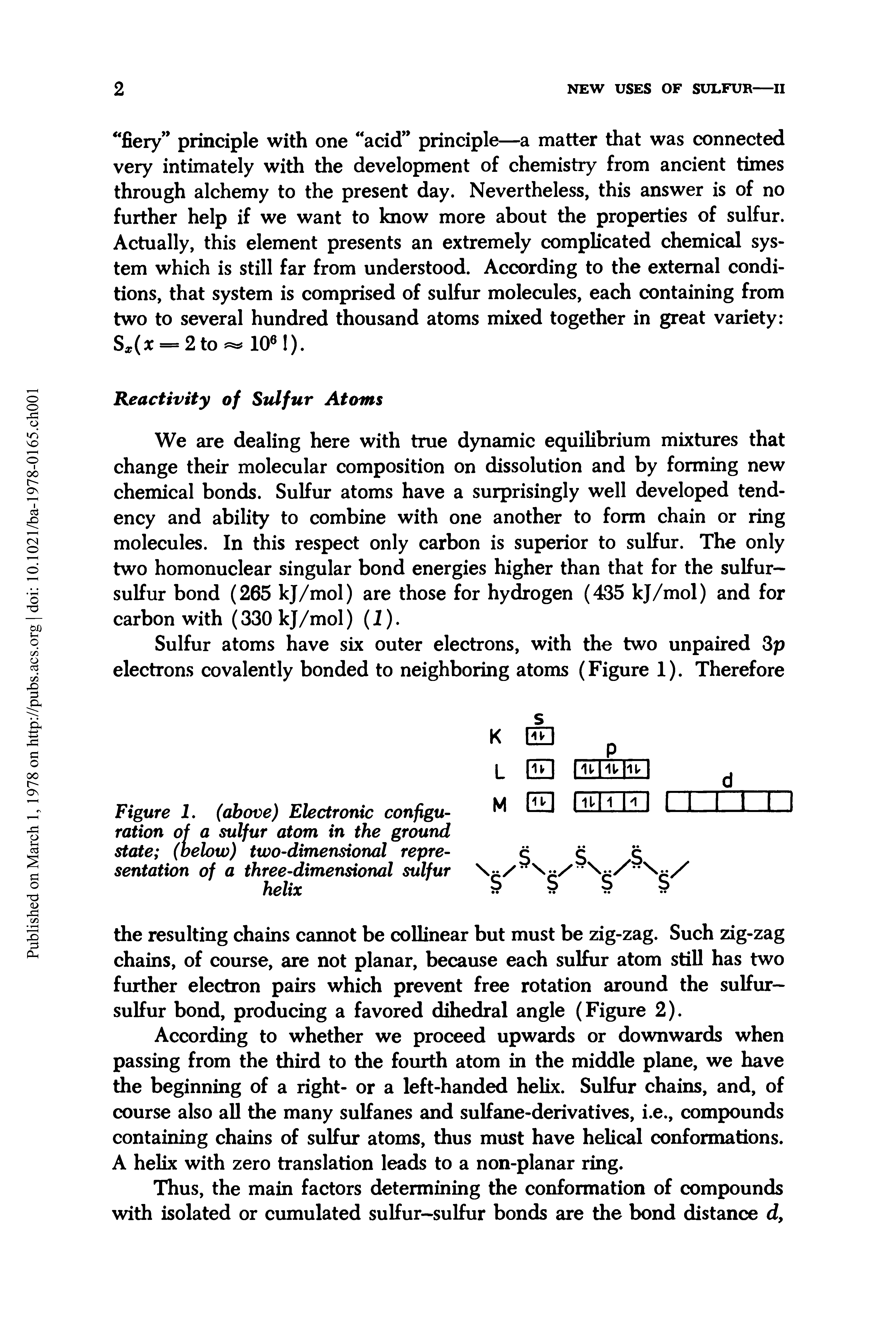 Figure I. (above) Electronic configuration of a sulfur atom in the ground state (below) two-dimensional representation of a three-dimensional sulfur helix...