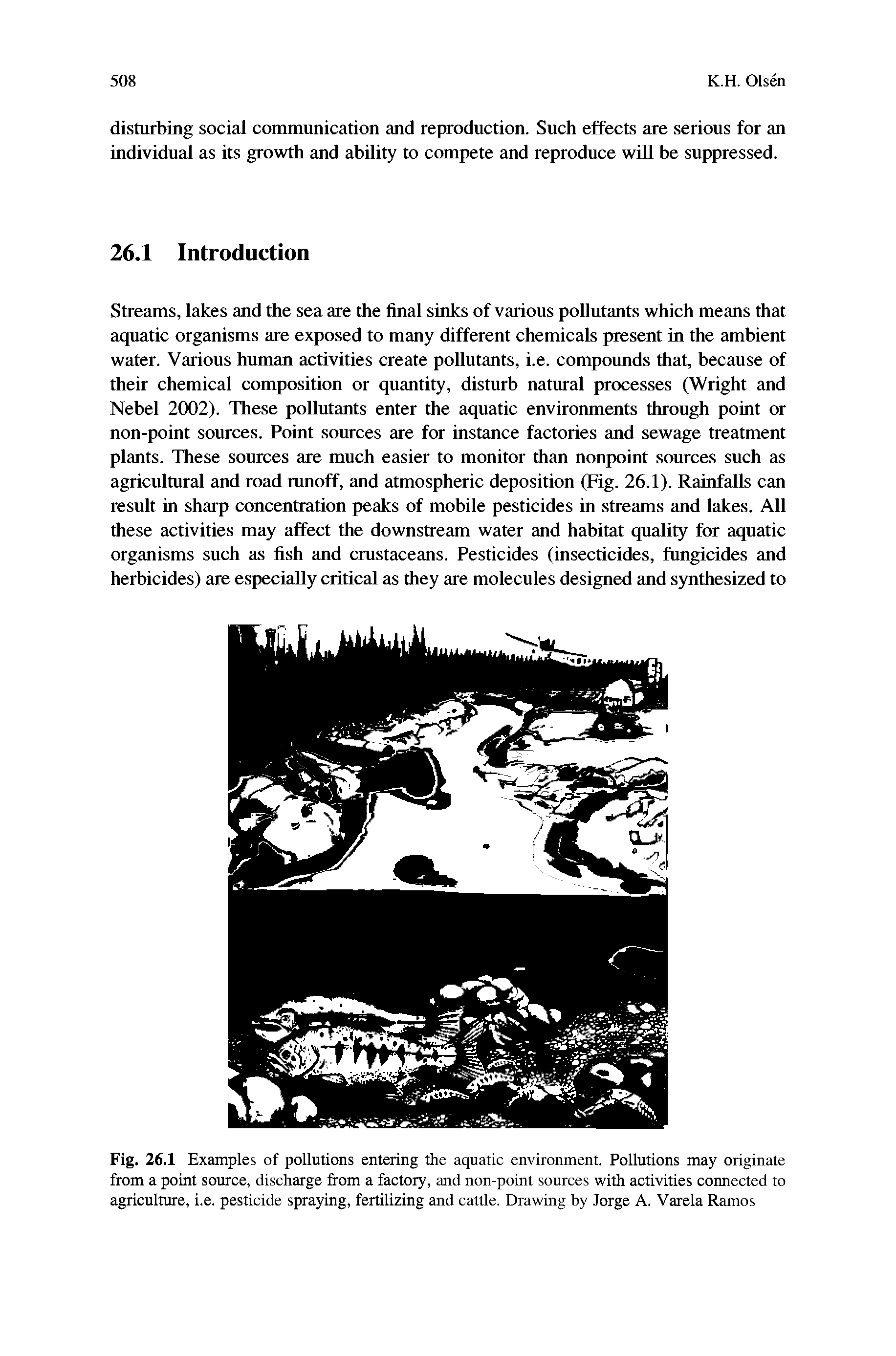Fig. 26.1 Examples of pollutions entering the aquatic environment. Pollutions may originate from a point source, discharge from a factory, and non-point sources with activities connected to agriculture, i.e. pesticide spraying, fertilizing and cattle. Drawing by Jorge A. Varela Ramos...
