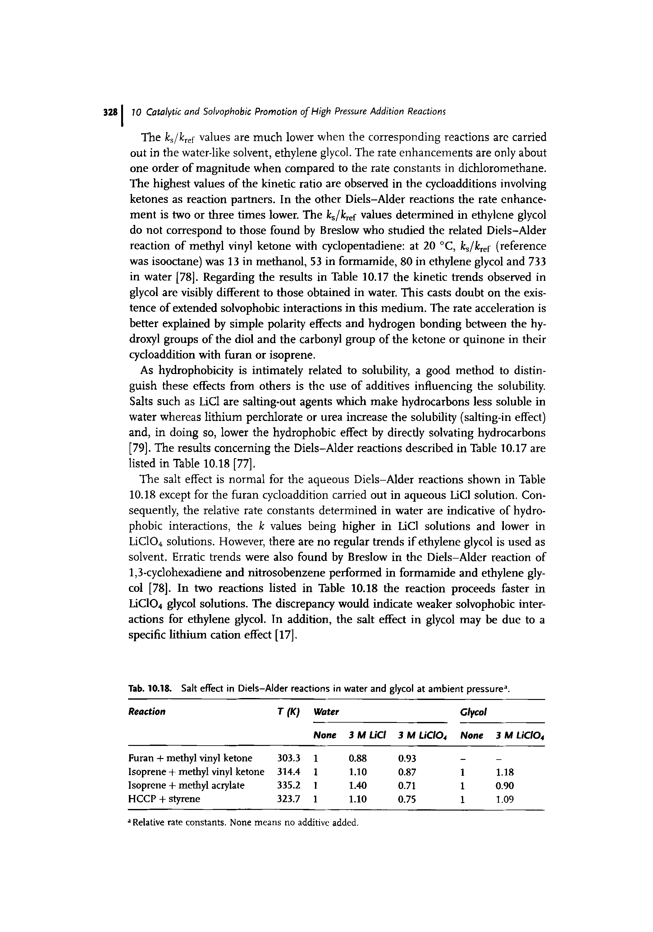 Tab. 10.18. Salt effect in Diels-Alder reactions in water and glycol at ambient pressure .