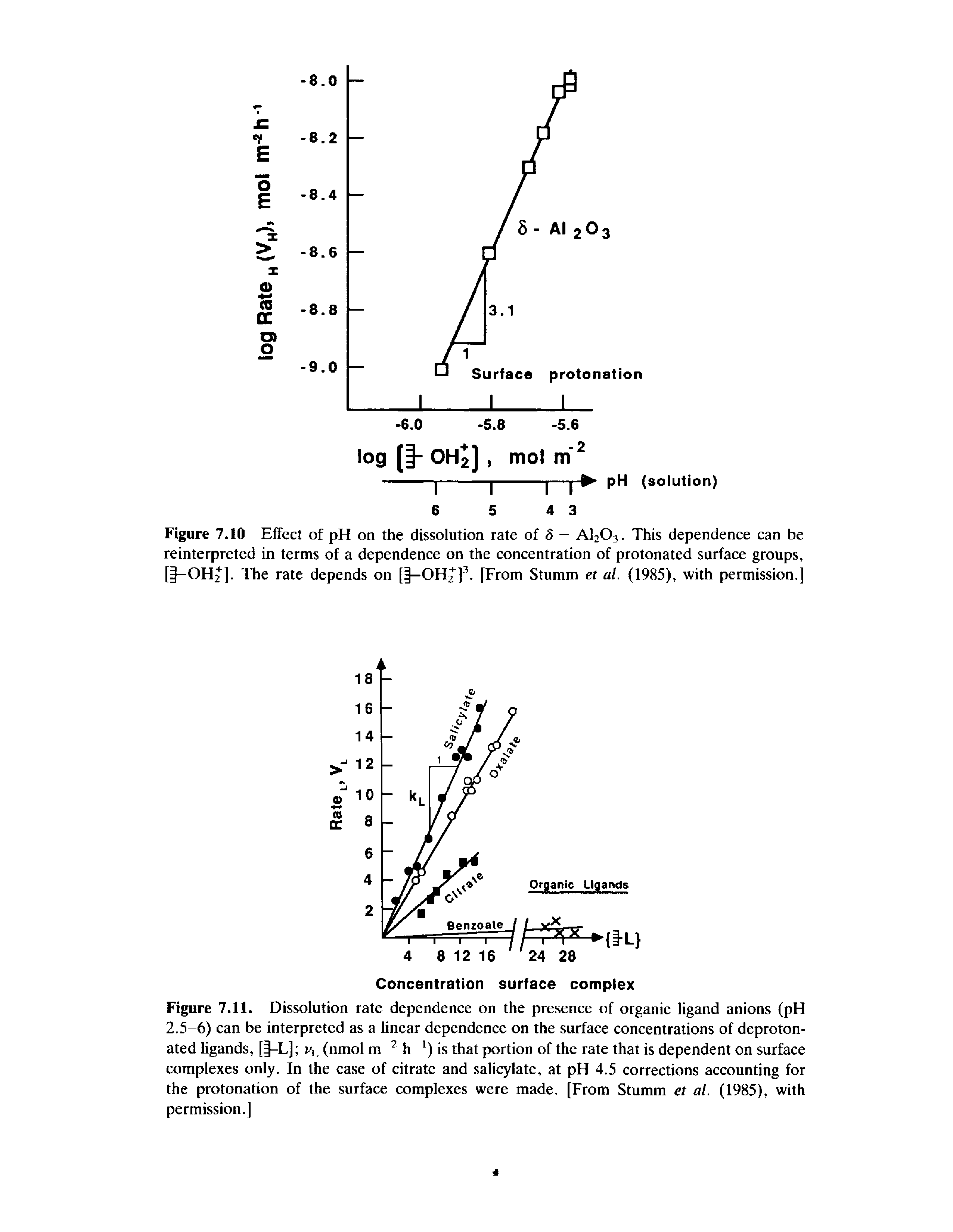 Figure 7.11. Dissolution rate dependence on the presence of organic ligand anions (pH 2.5-6) can be interpreted as a linear dependence on the surface concentrations of deproton-ated ligands, [ —L] jy (nmol m 2 h ) is that portion of the rate that is dependent on surface complexes only. In the case of citrate and salicylate, at pH 4.5 corrections accounting for the protonation of the surface complexes were made. [From Stumm et al. (1985), with permission.]...